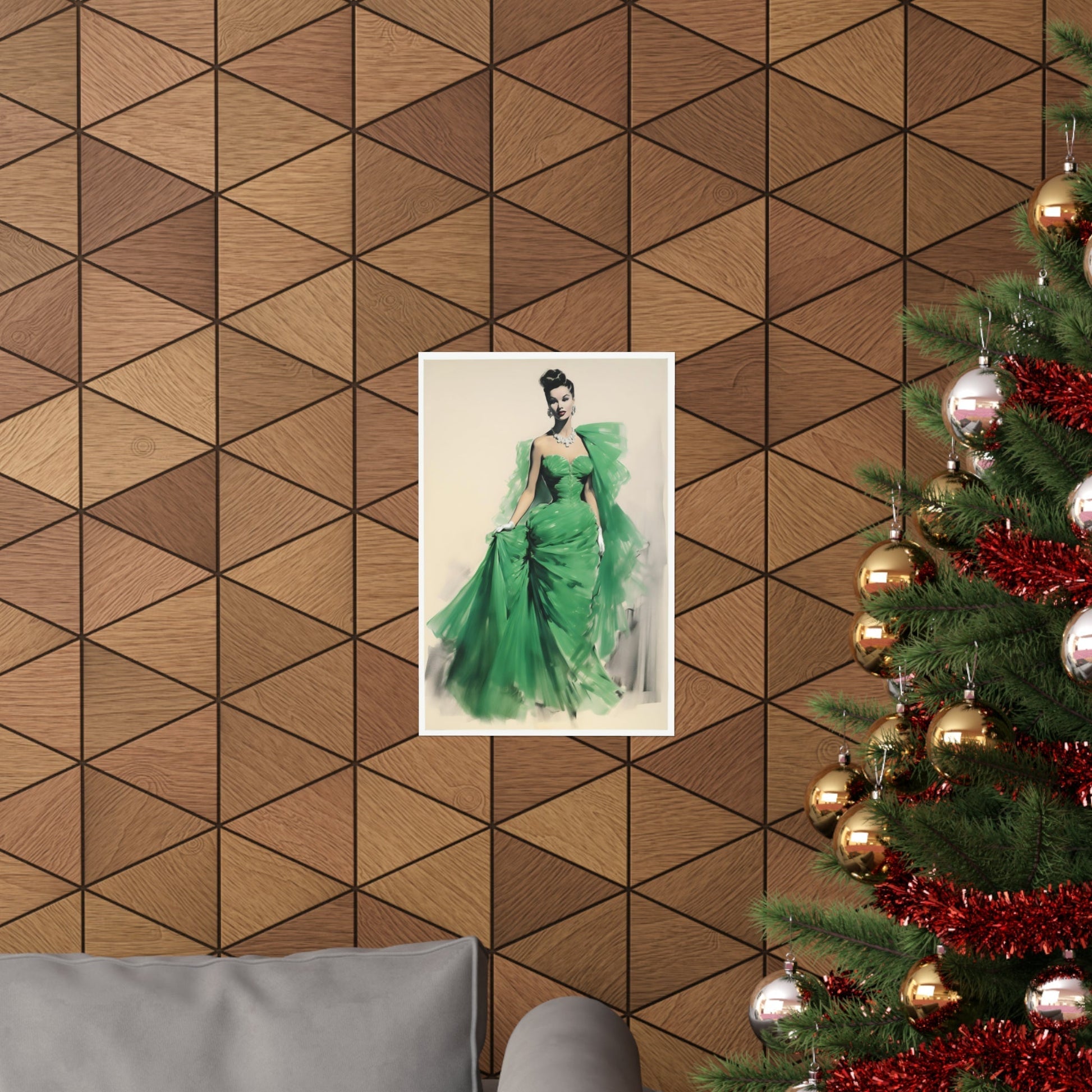 A christmas tree with a picture of a woman in a green dress