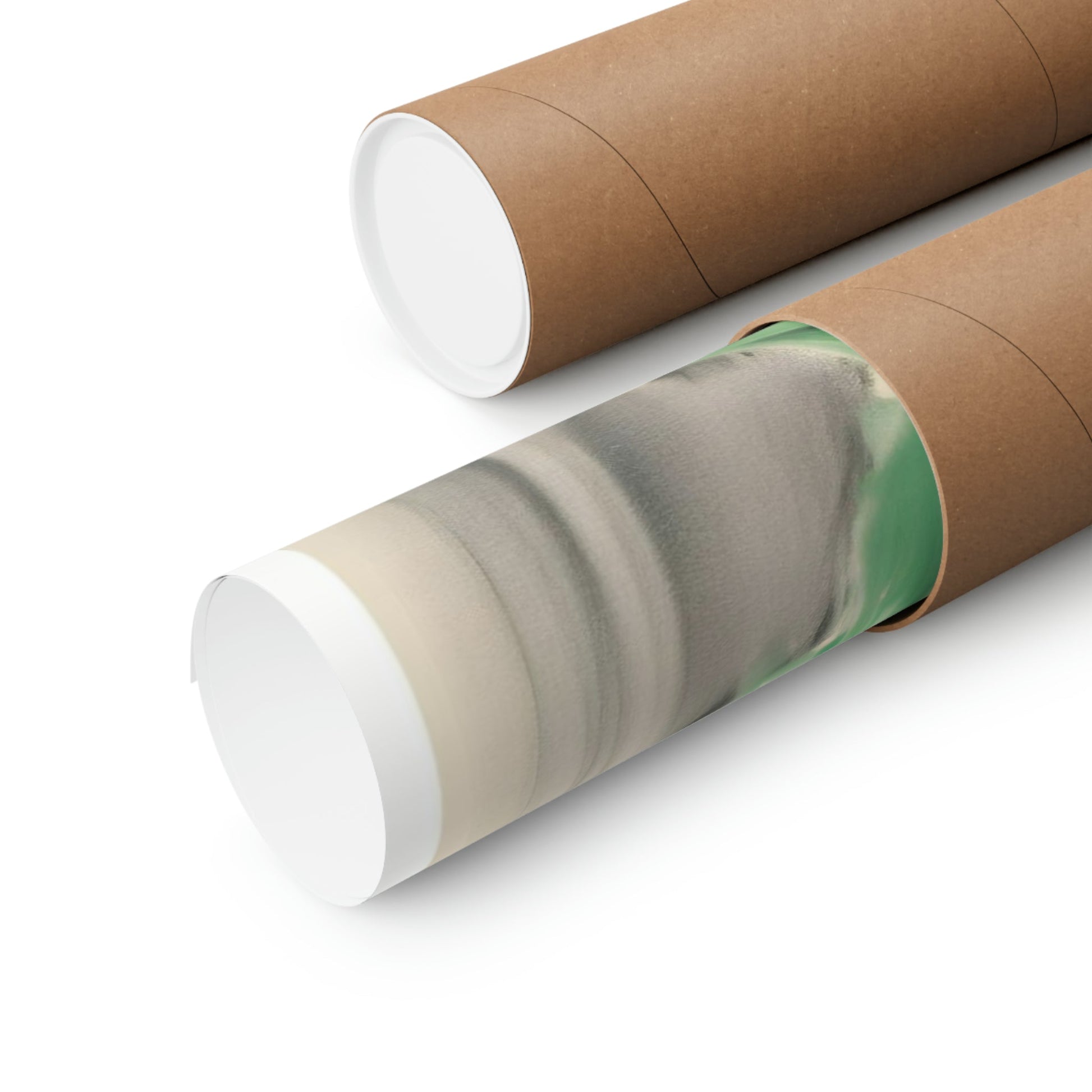 Two rolls of brown paper with a green and white stripe