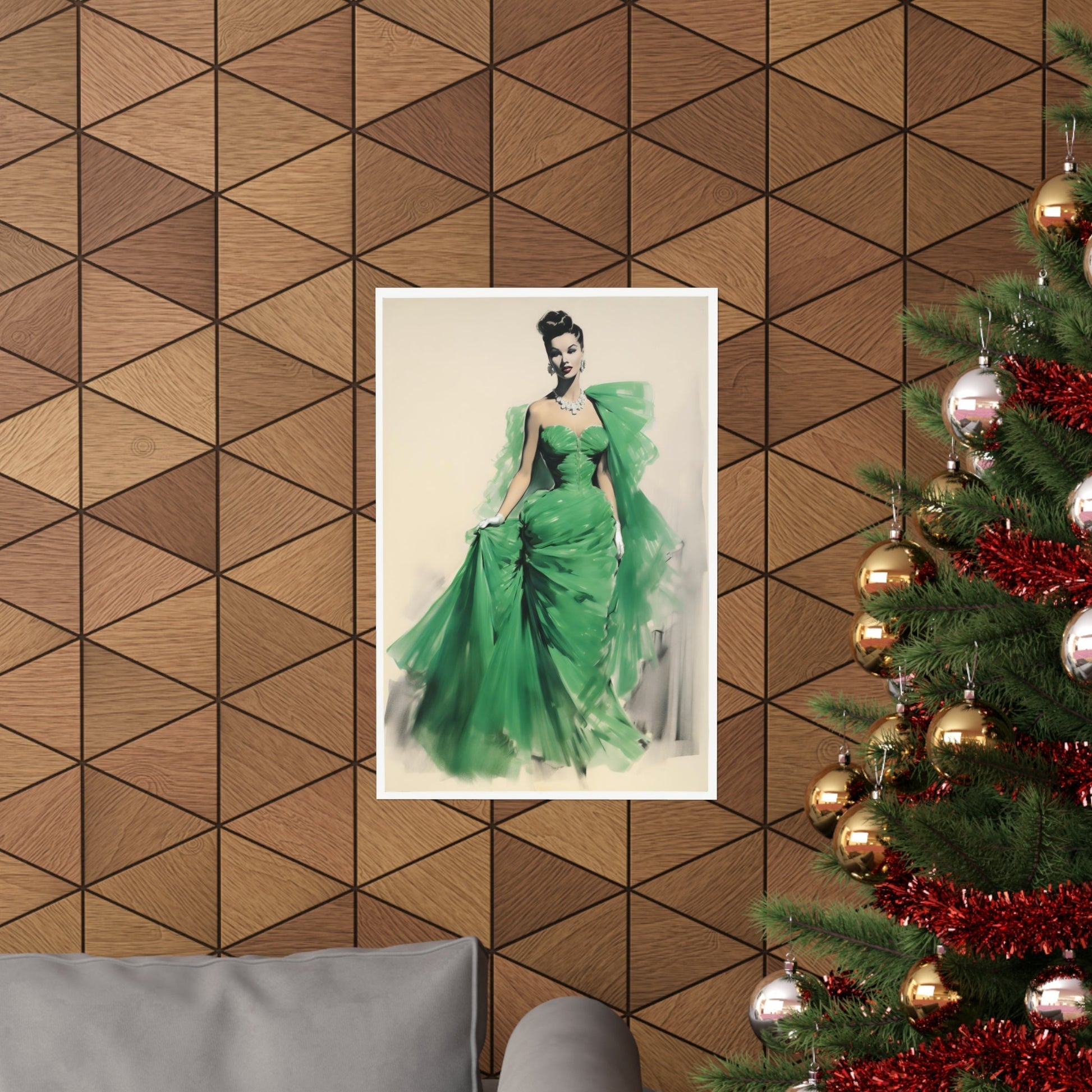 A christmas tree with a picture of a woman in a green dress