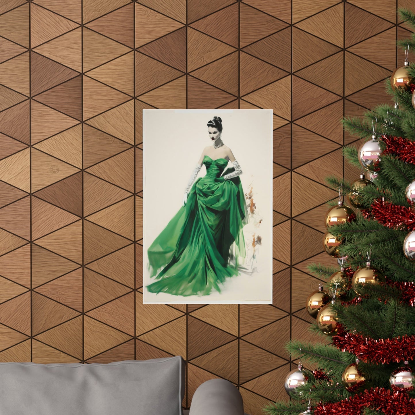 A christmas tree with a picture of a woman in a green dress