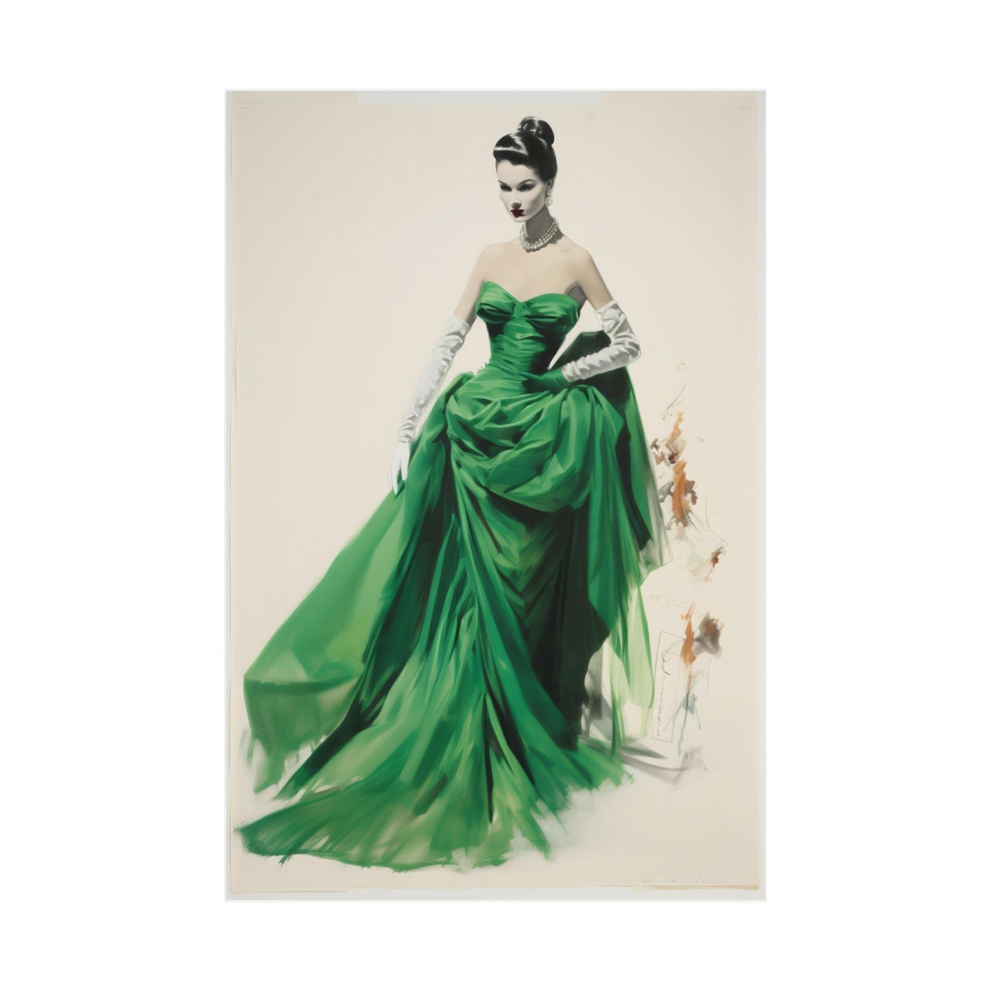 A green dress with a white collar and black gloves