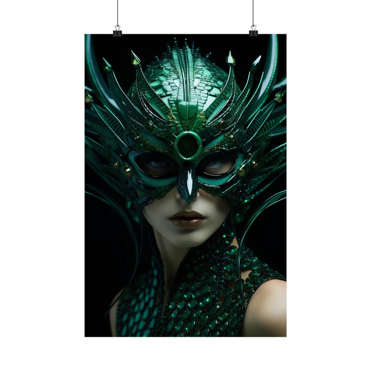 A poster with a woman wearing a green mask