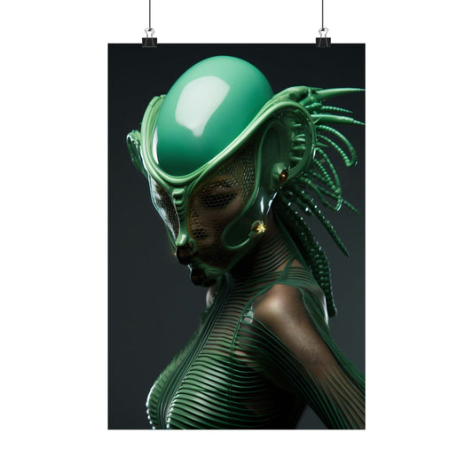 Futuristic green alien-like figure with a sleek helmet and textured body.