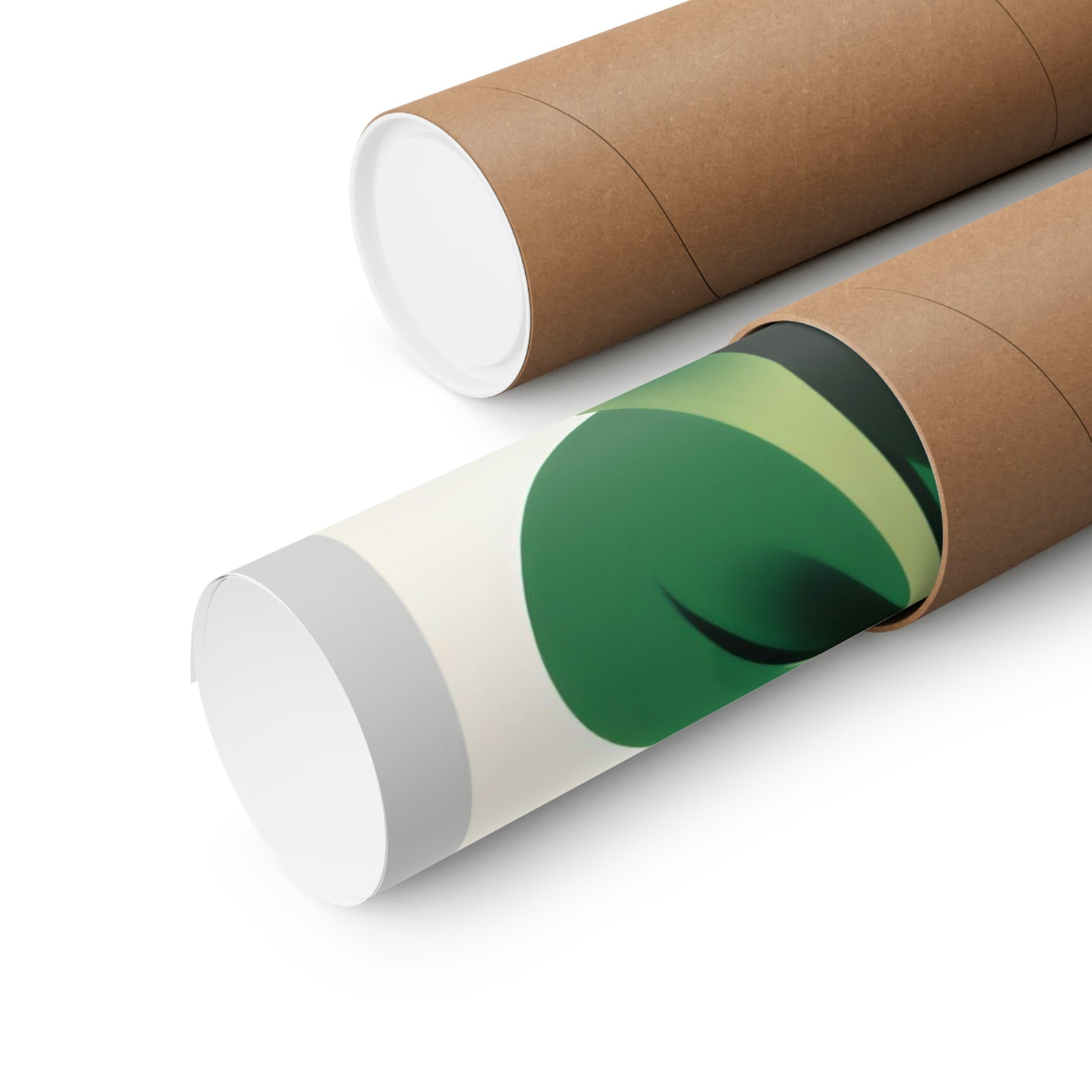 Cardboard tubes or mailing tubes, one with a green and white label visible.