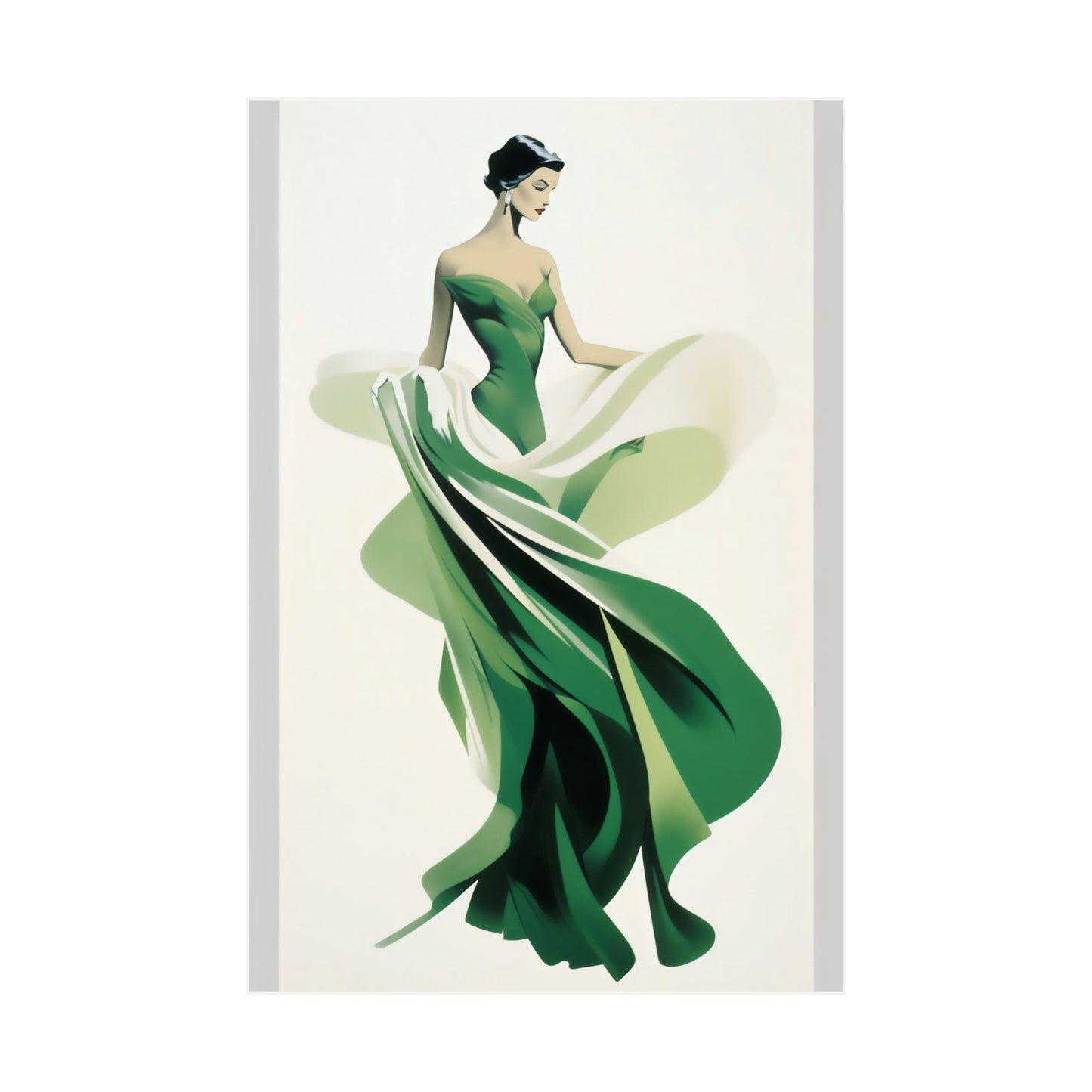 Elegant woman in a flowing green gown with a dramatic swirling skirt.