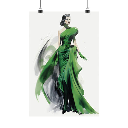 Elegant woman in a flowing green evening gown with dramatic draping.