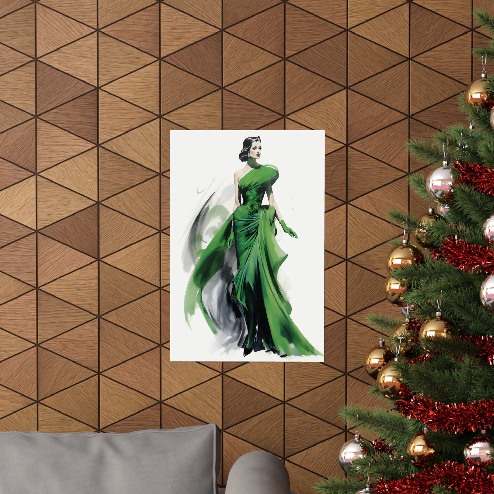 A christmas tree with a picture of a woman in a green dress