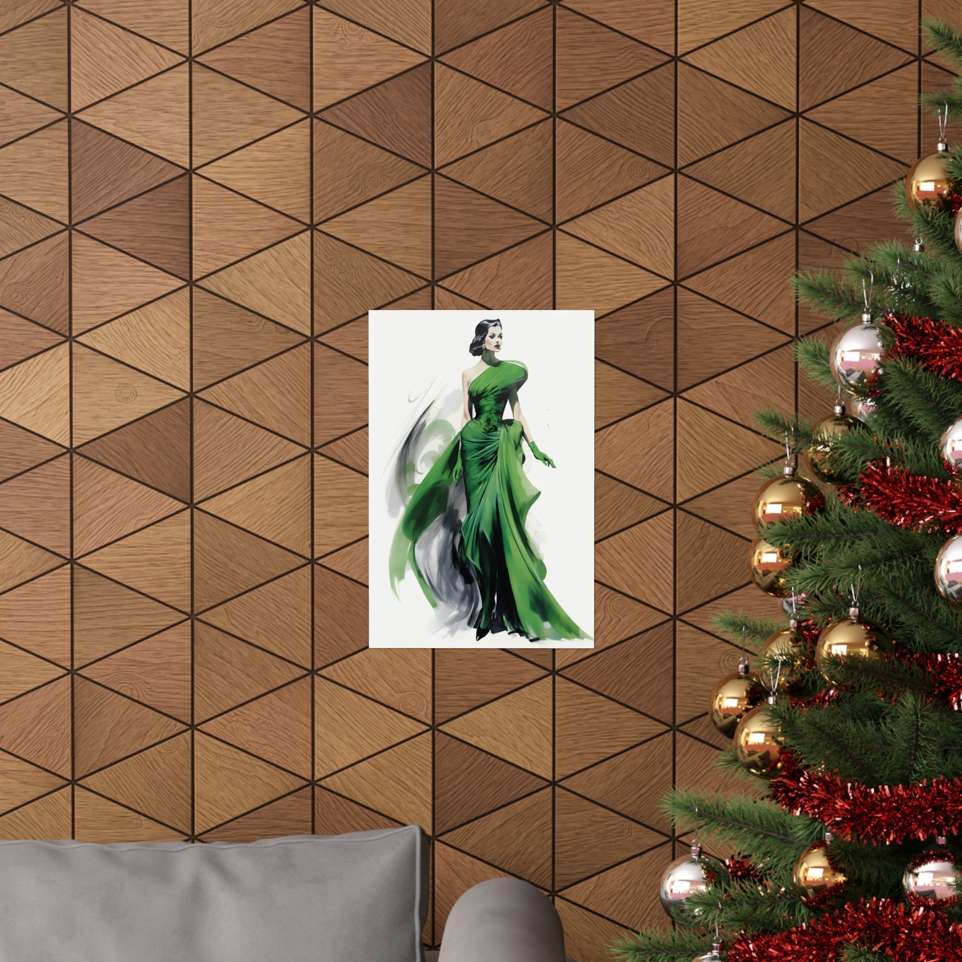 A christmas tree with a picture of a woman in a green coat