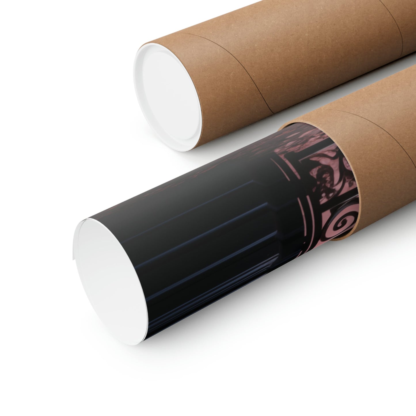 Cylindrical tubes or rolls, one brown and one black with a decorative pattern.