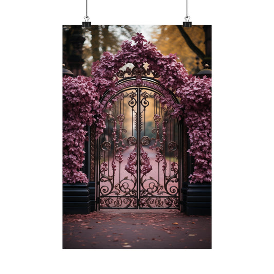 Ornate wrought iron gate covered in vibrant purple flowers.