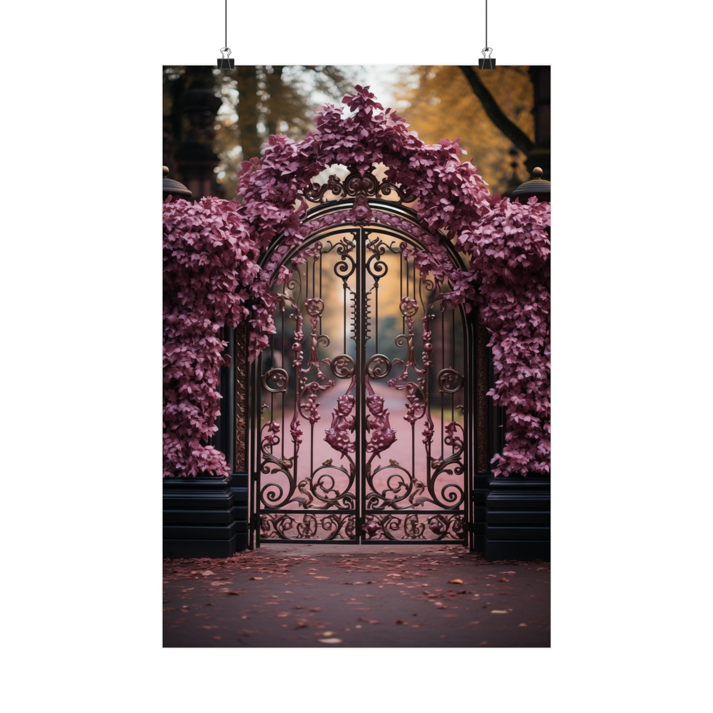 Ornate wrought iron gate covered in vibrant purple flowers.