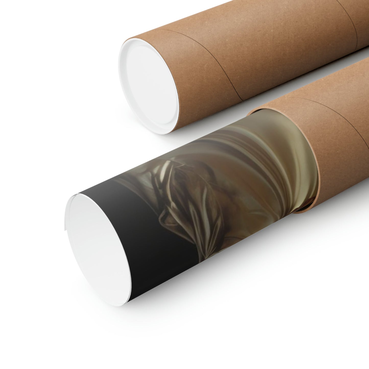 Two rolls of brown paper with a black and white photo on them