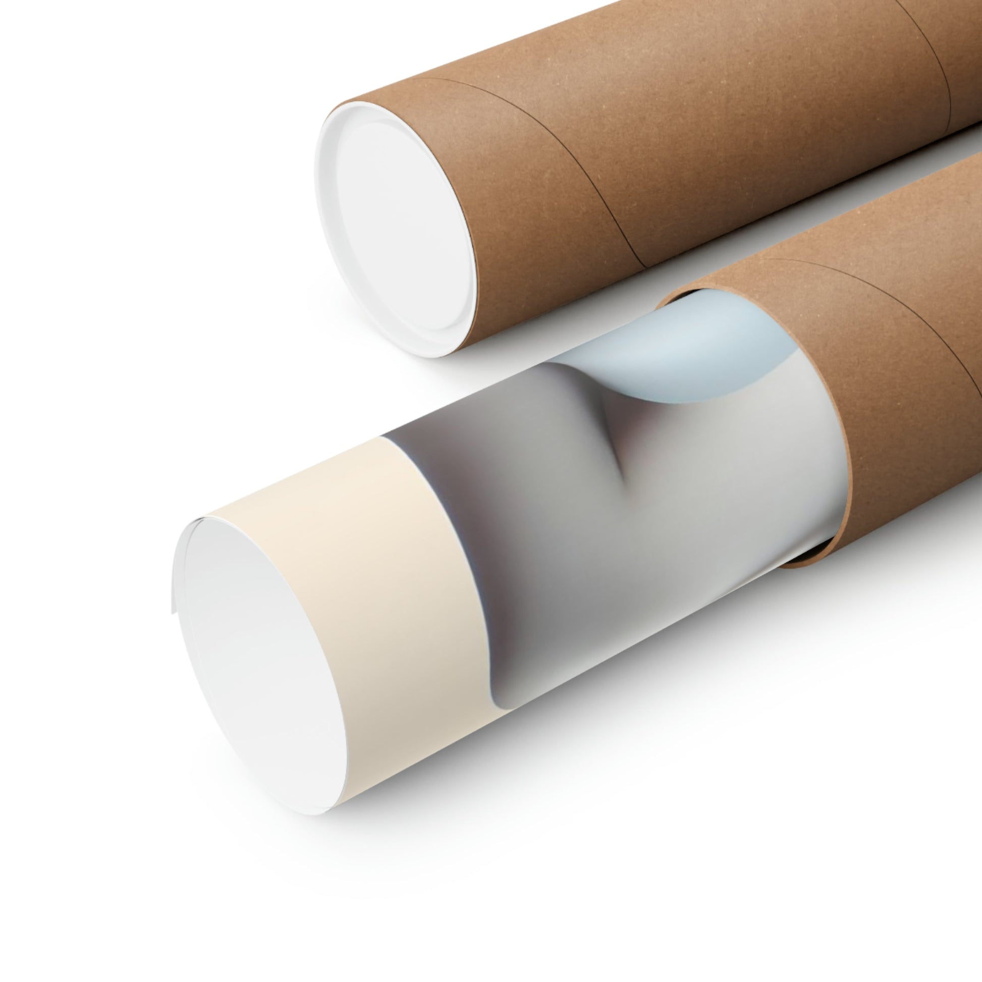 Two rolls of brown paper with white paper on them