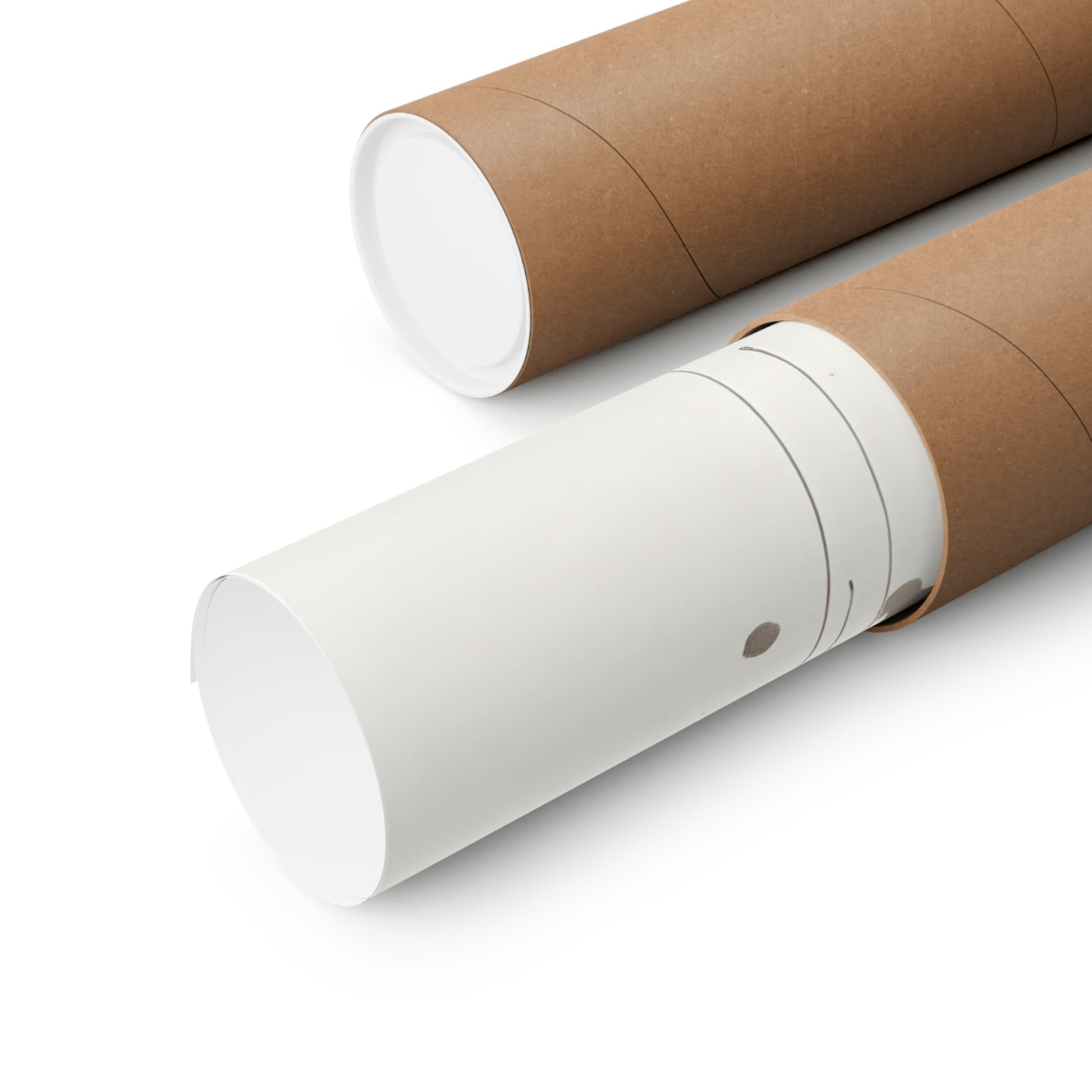 Two rolls of brown paper with white paper on them