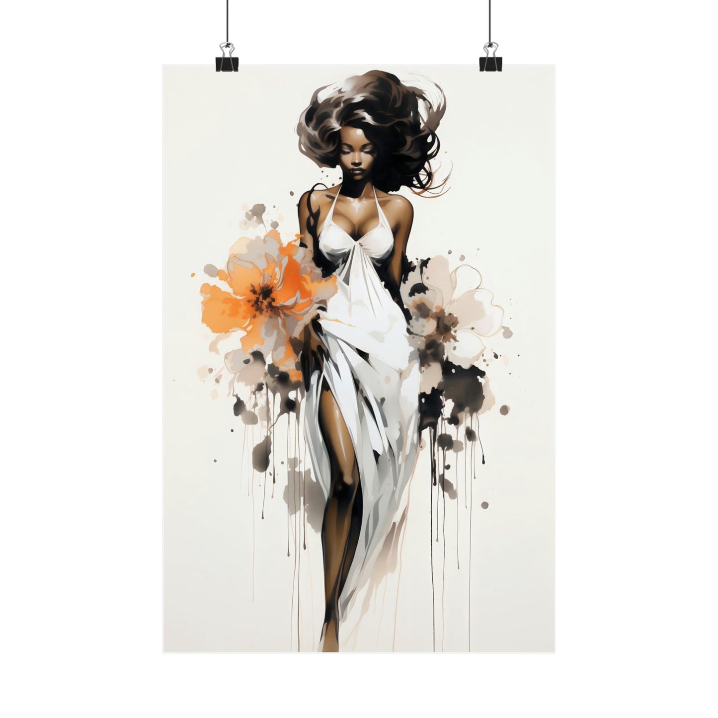 Stylized illustration of a woman in a flowing white dress with floral elements and paint splatters.