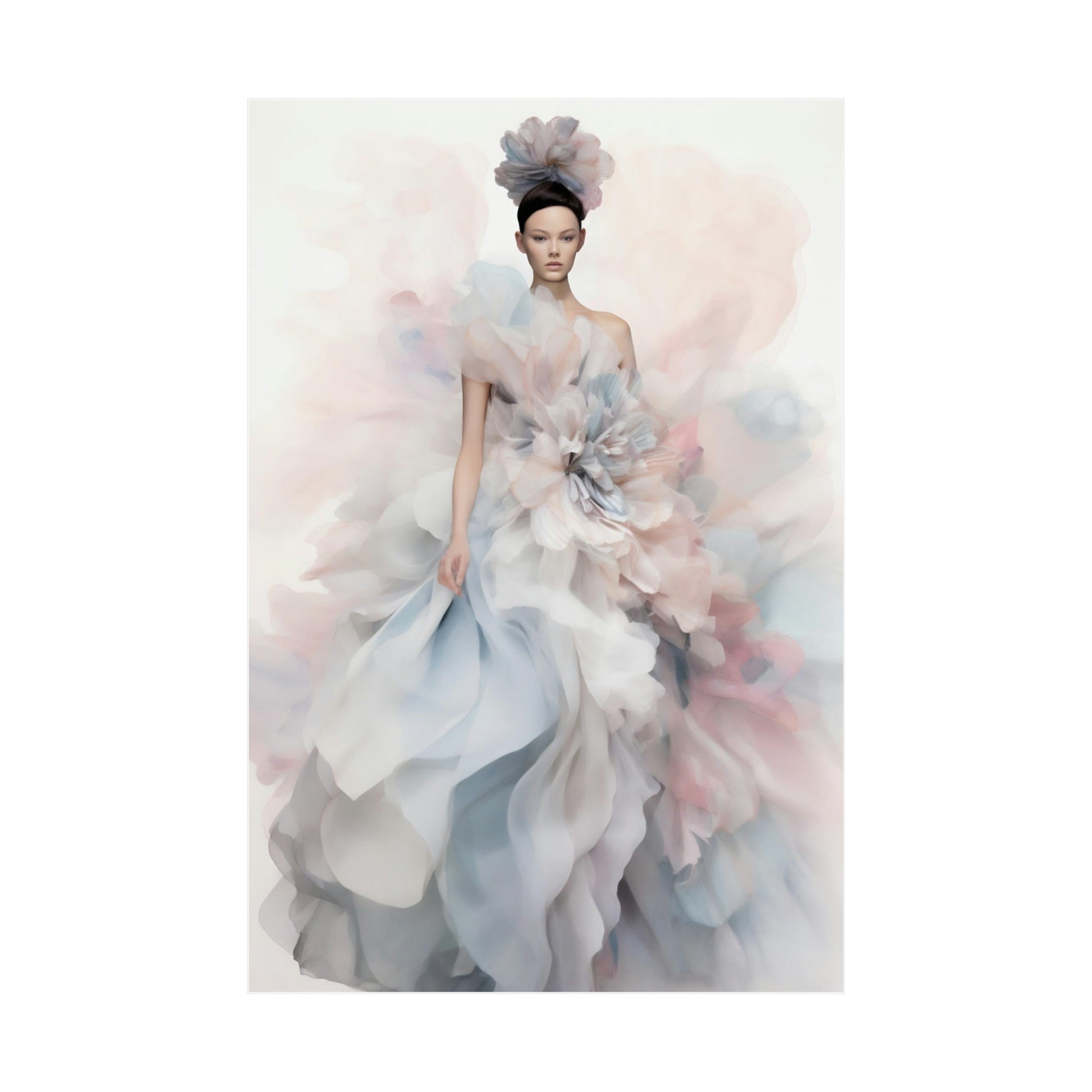 Ethereal fashion model wearing a flowing, pastel-colored gown with dramatic ruffles and an elaborate headdress.