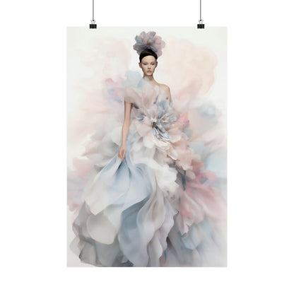 Ethereal fashion illustration of a woman in a flowing, pastel-colored gown with dramatic ruffles and textures.