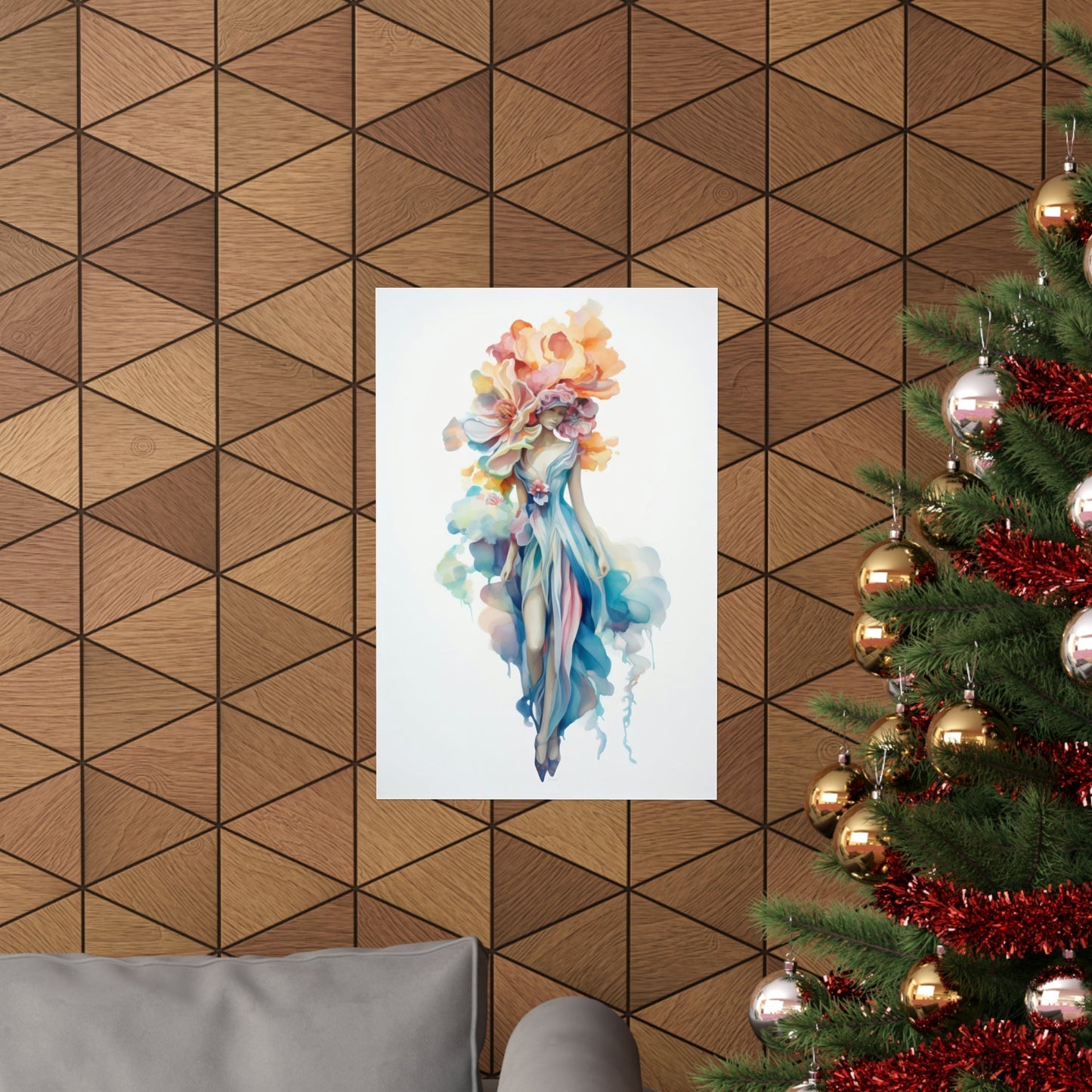 A christmas tree with a painting of a woman in a dress