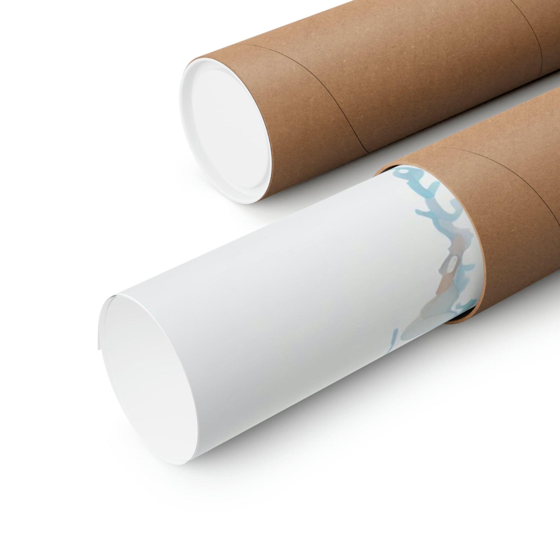 Two rolls of brown paper with a blue and white design