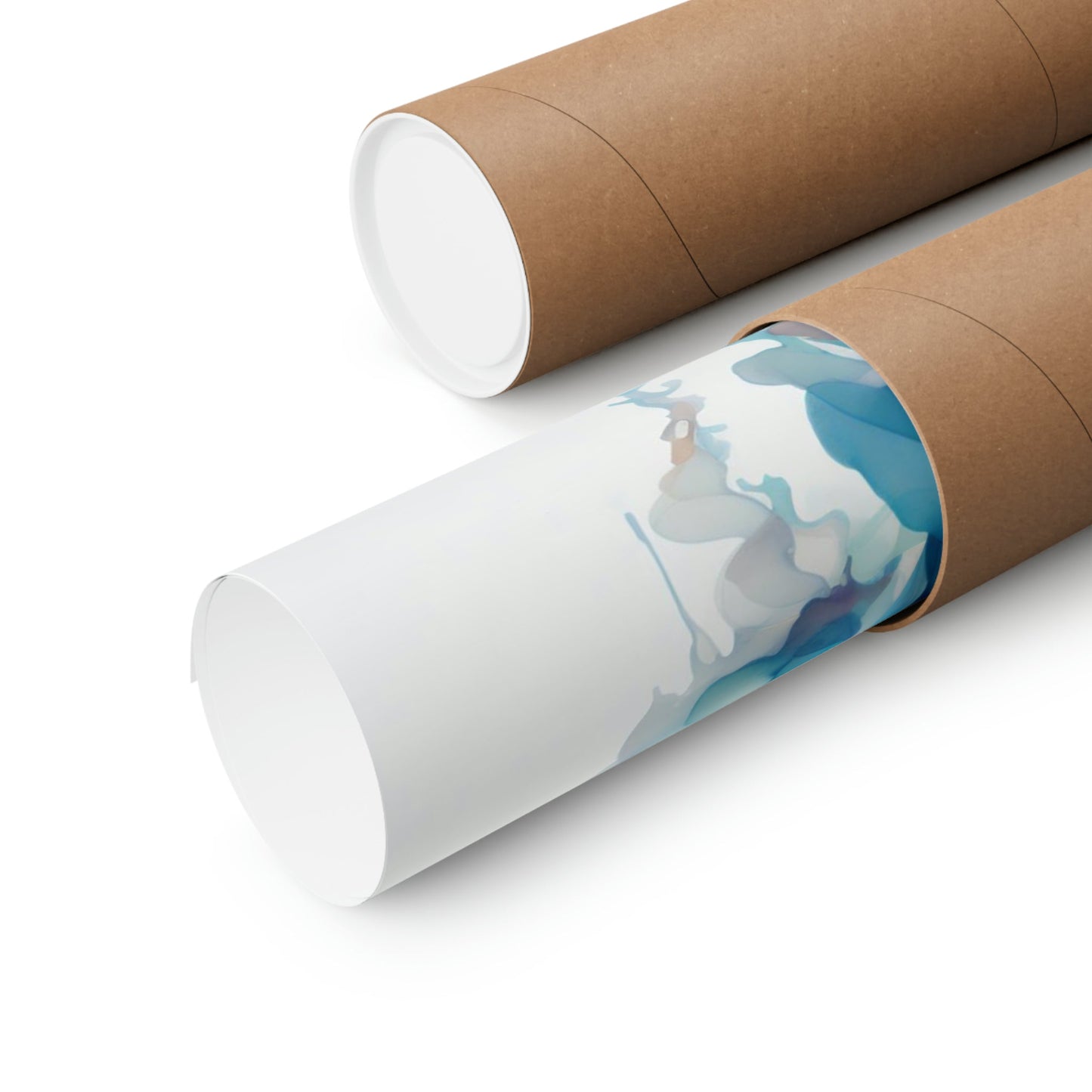 Two rolls of brown paper with a blue and white design