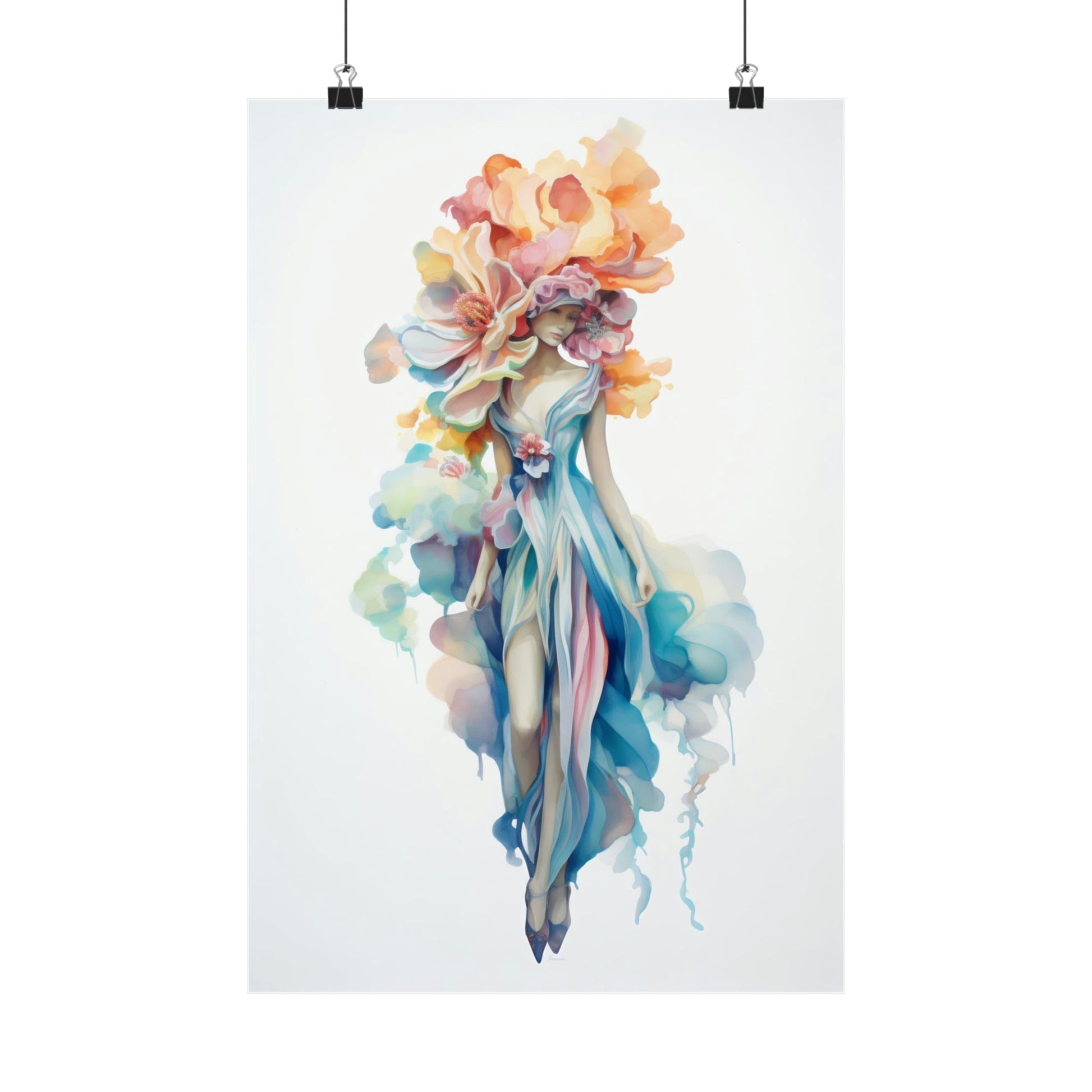 Watercolor painting of a flowing, abstract floral figure with vibrant colors.