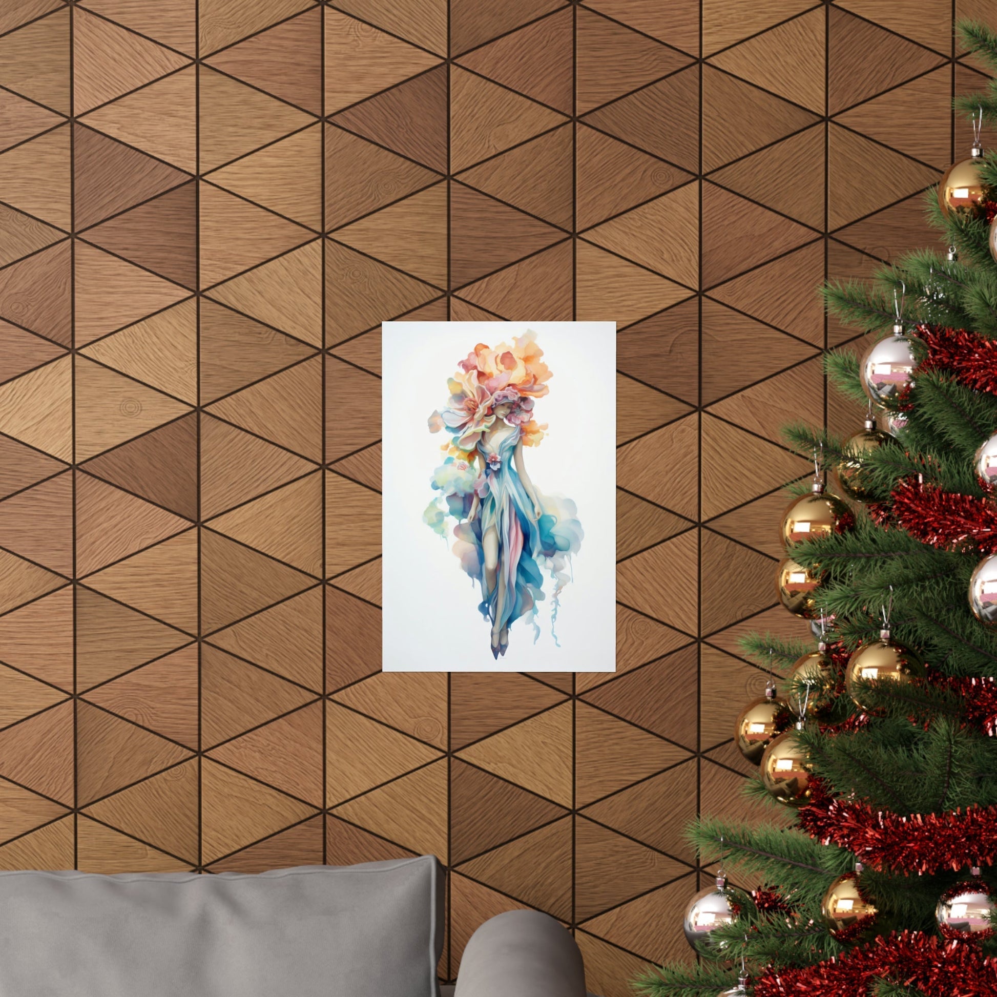 A christmas tree with a painting of a woman