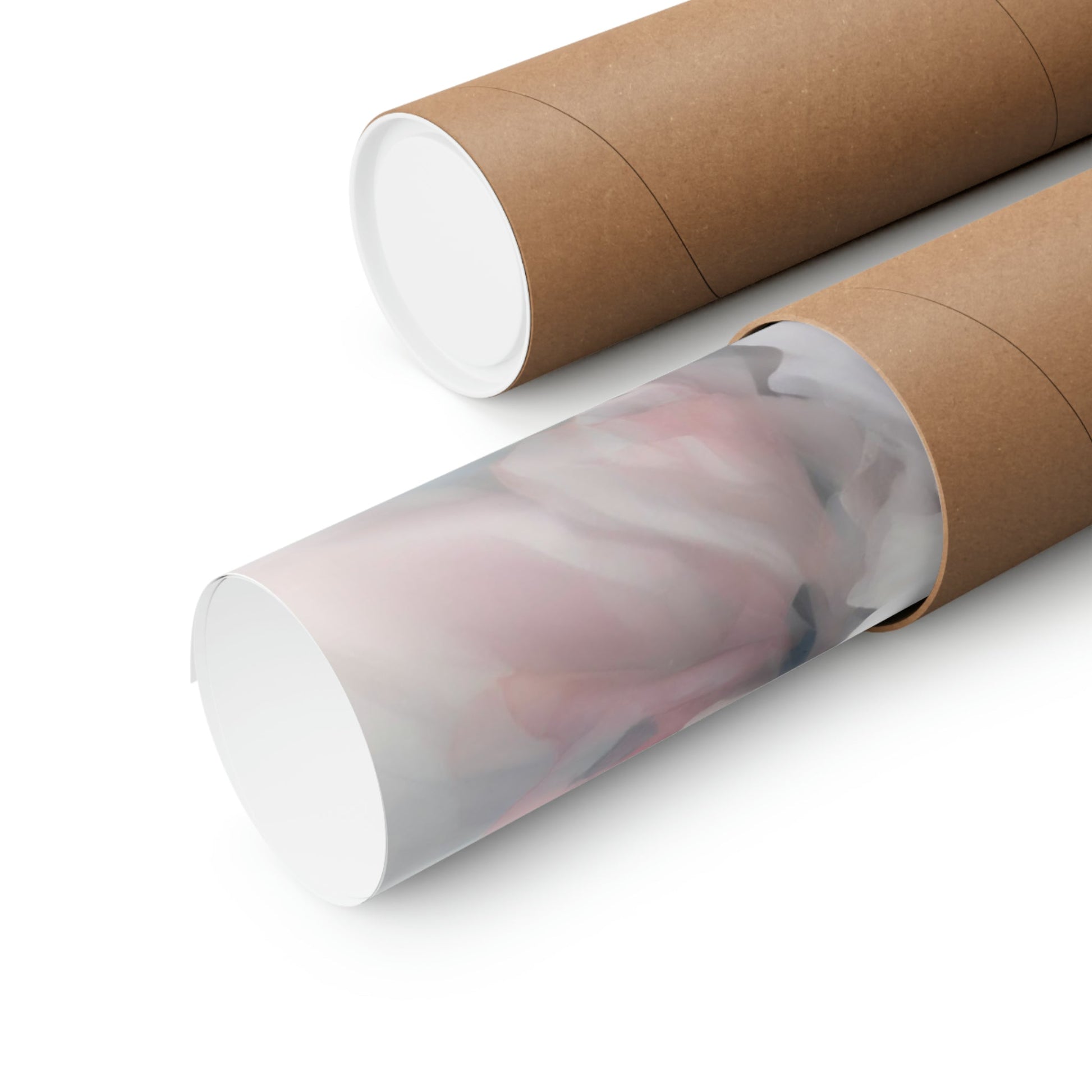 Cardboard mailing tubes, one with a translucent plastic window showing contents inside.