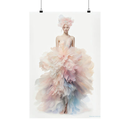 Ethereal figure wearing a voluminous, pastel-colored gown with a flowing, cloud-like skirt.