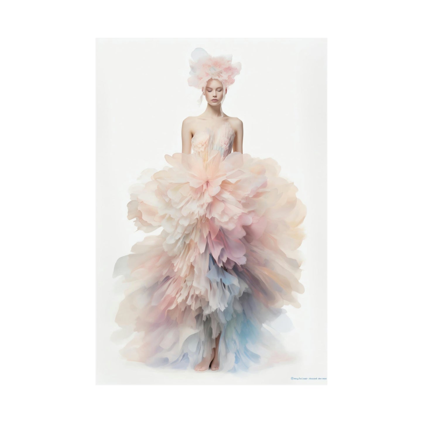 Ethereal gown with voluminous layers of pastel-colored tulle and feathers.