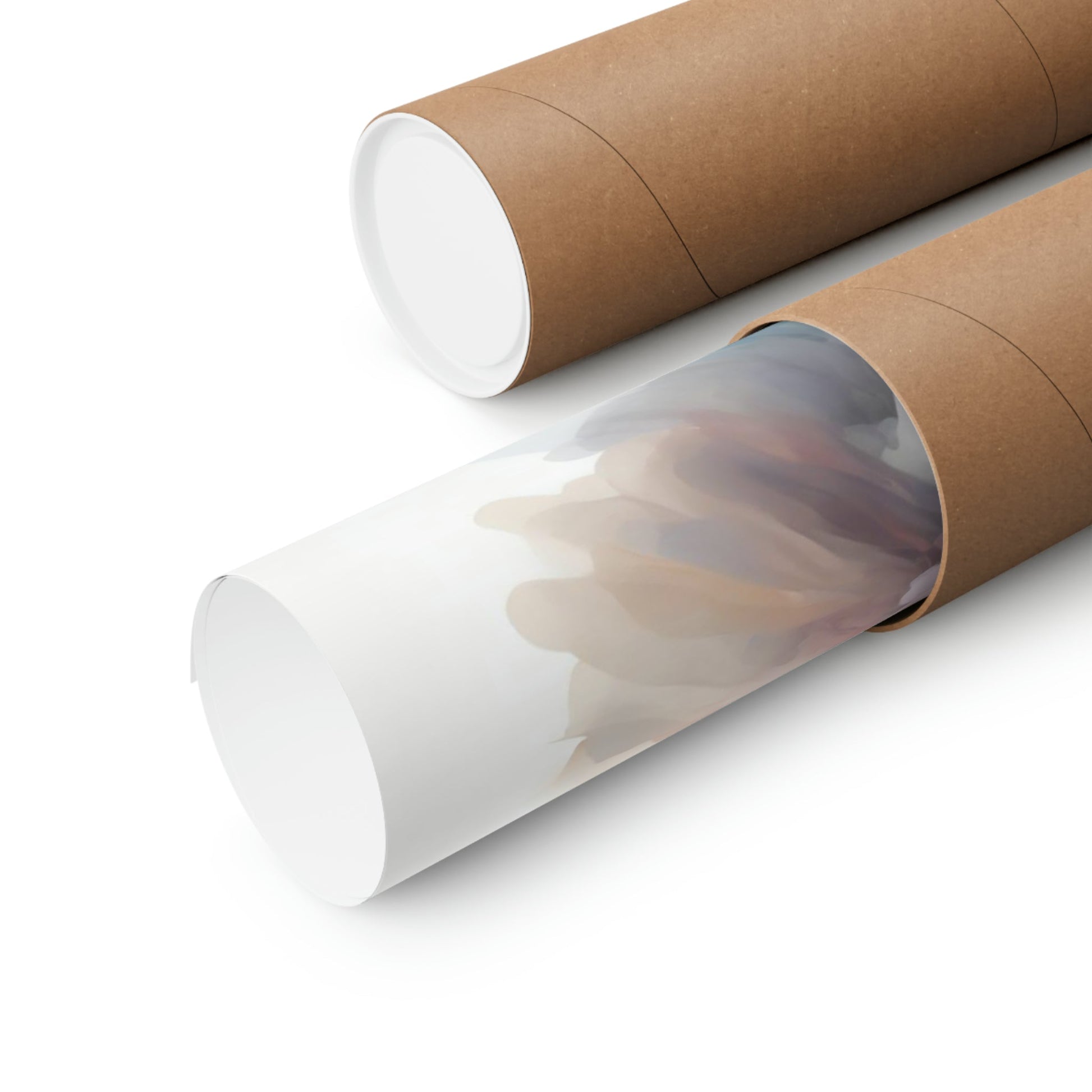 Cardboard mailing tubes, one open to reveal a white interior.