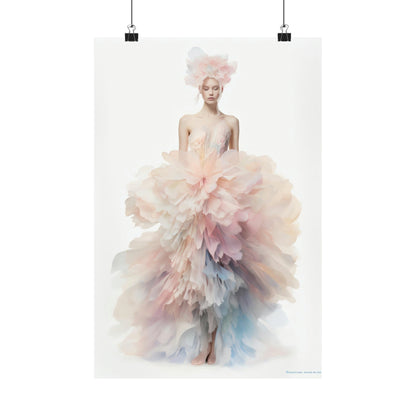 Ethereal figure wearing a voluminous, pastel-colored gown with layers of flowing fabric.