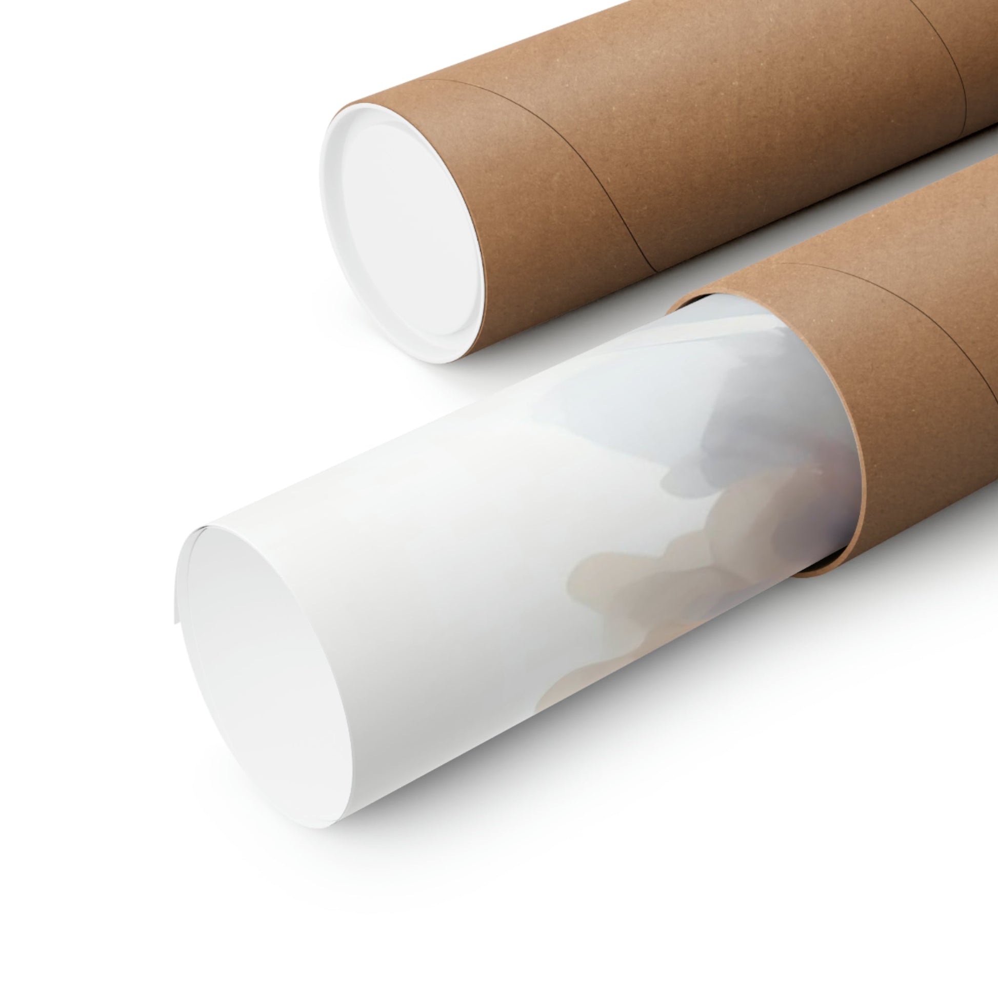 Cardboard mailing tubes, one with a white end cap removed.