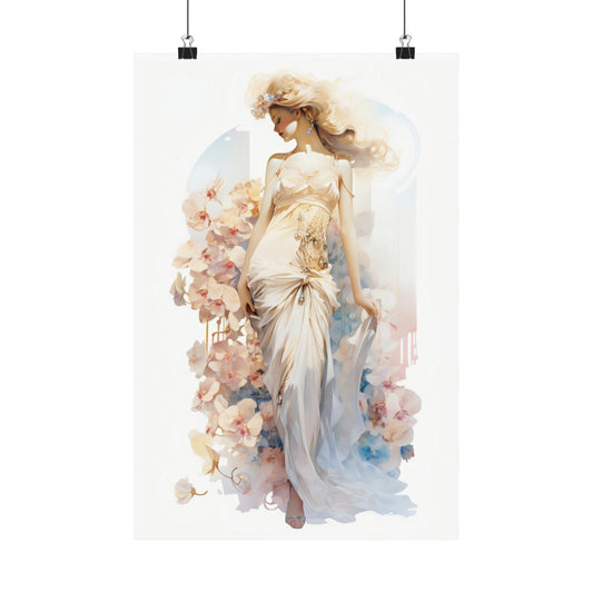 Ethereal watercolor painting of a graceful woman in a flowing white dress surrounded by soft floral elements.