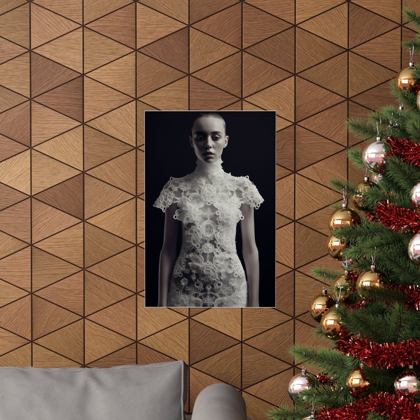 A christmas tree with a picture of a woman in a dress