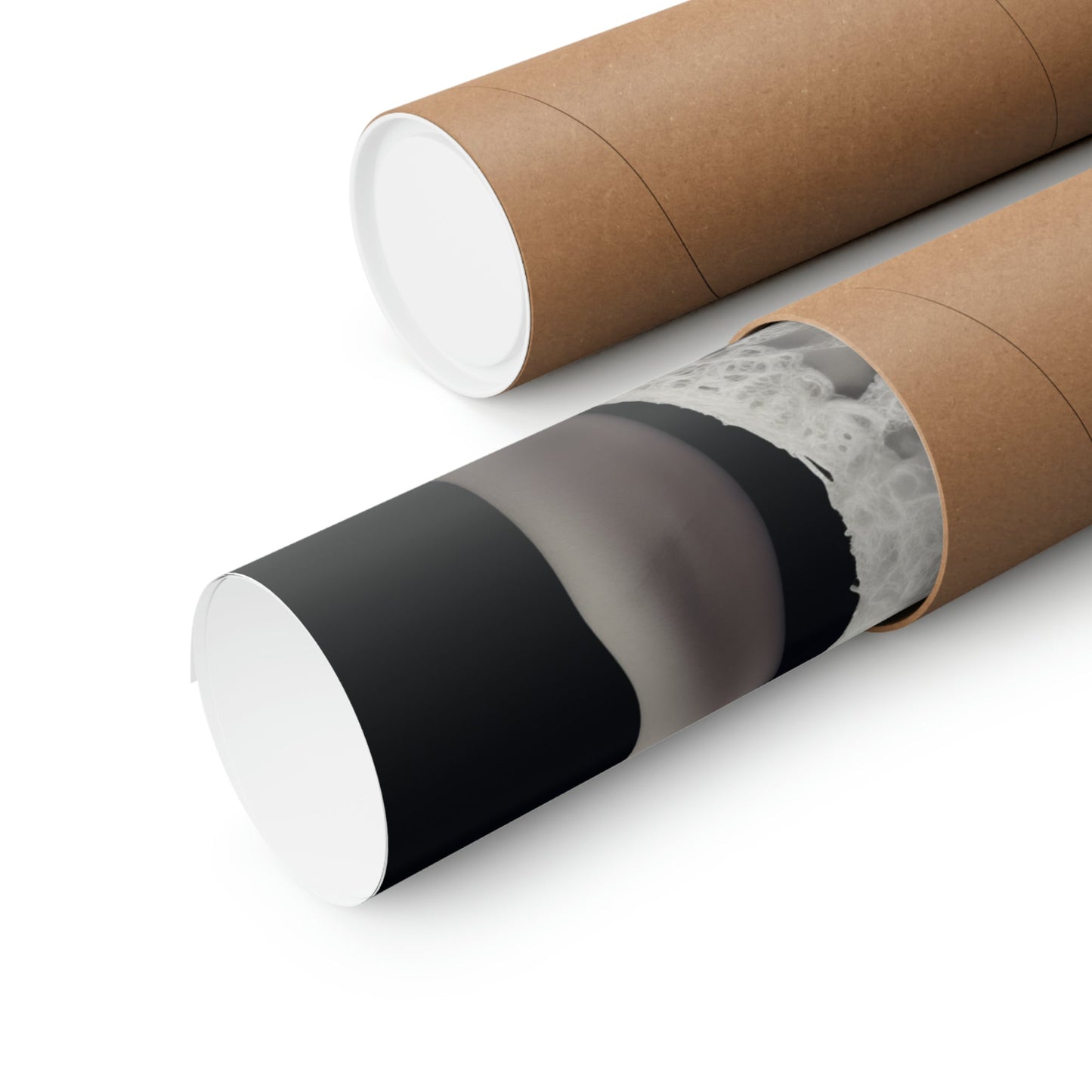 Two rolls of brown paper with black and white stripes