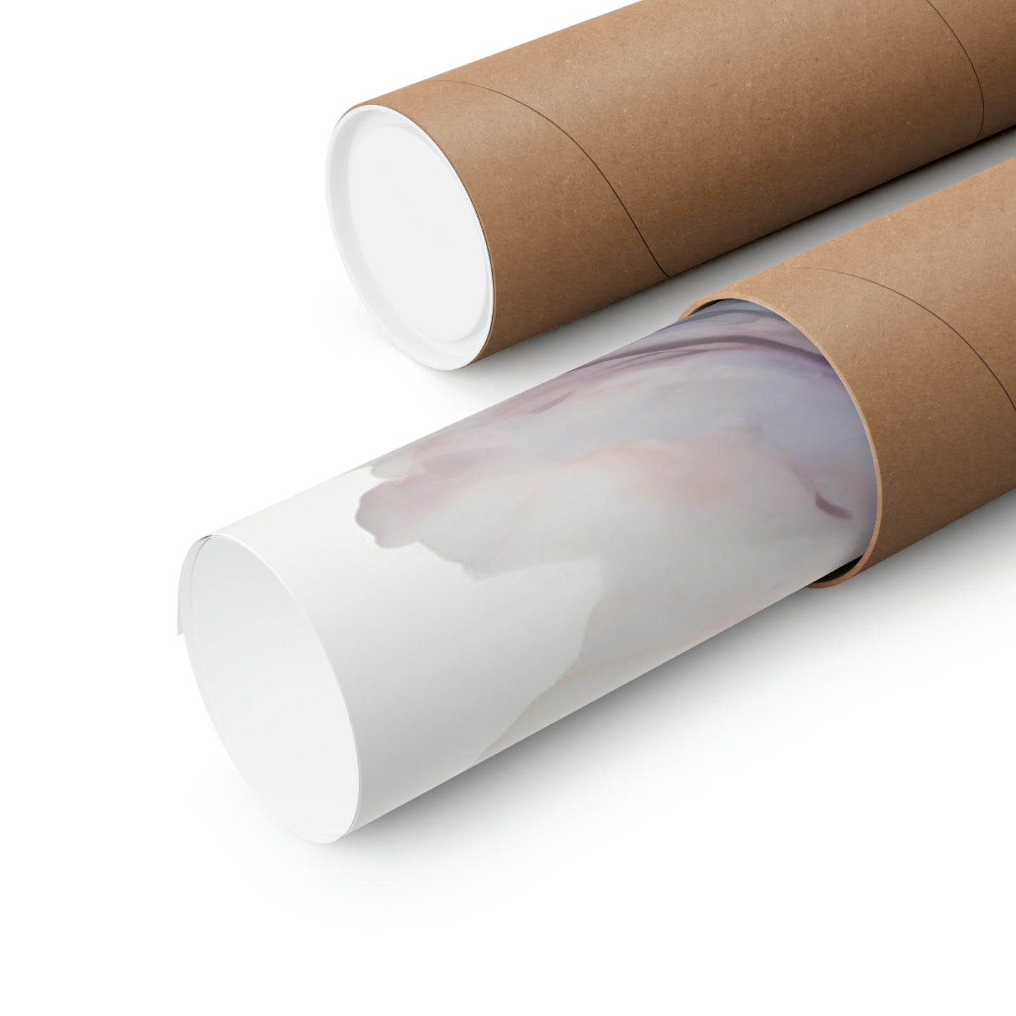 Cardboard mailing tubes, one open showing a white interior.