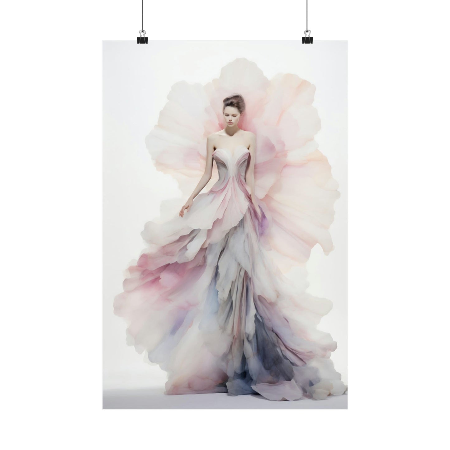 Watercolor painting of a woman in a flowing, ethereal gown.