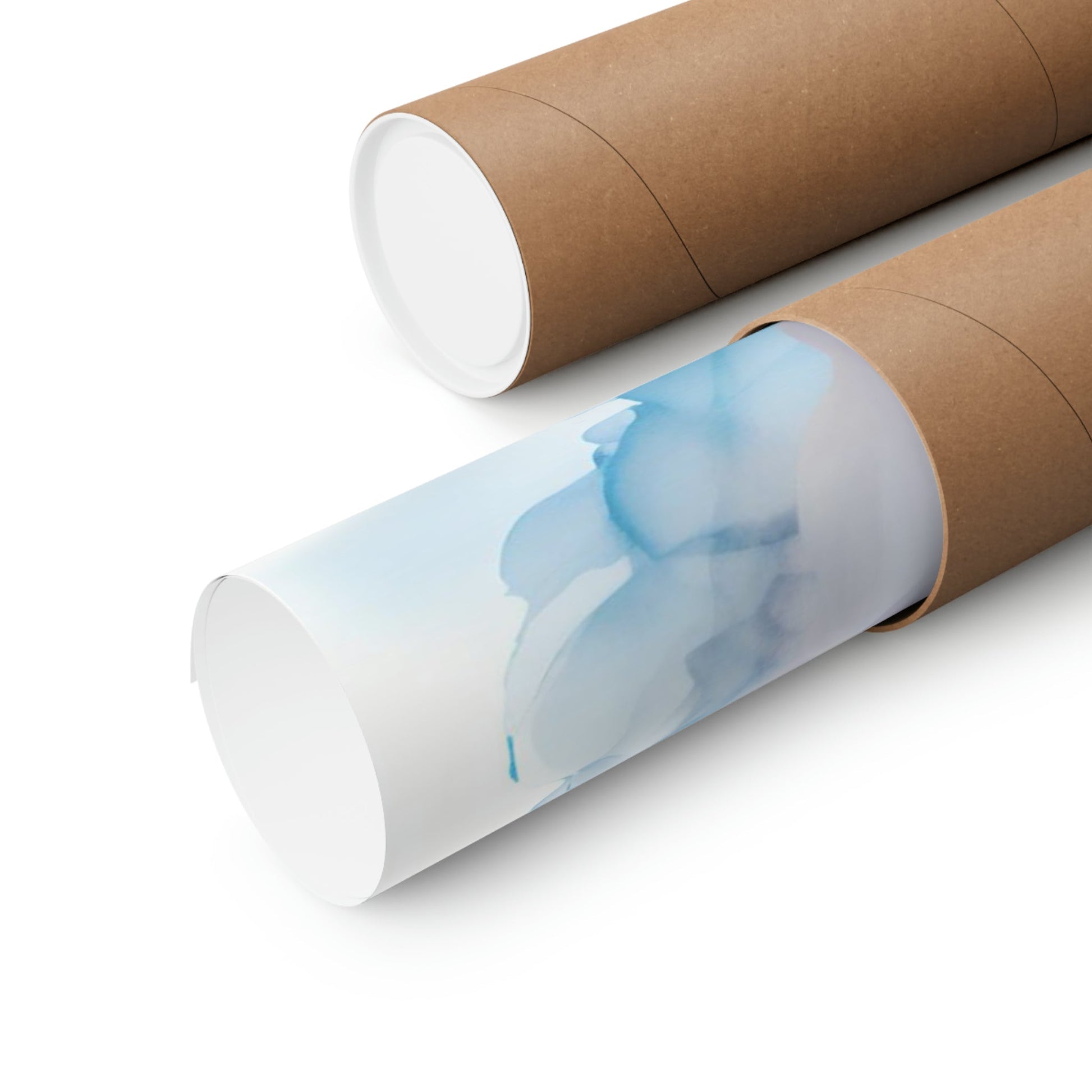 Cardboard mailing tubes, one partially unwrapped to reveal a blue protective inner lining.