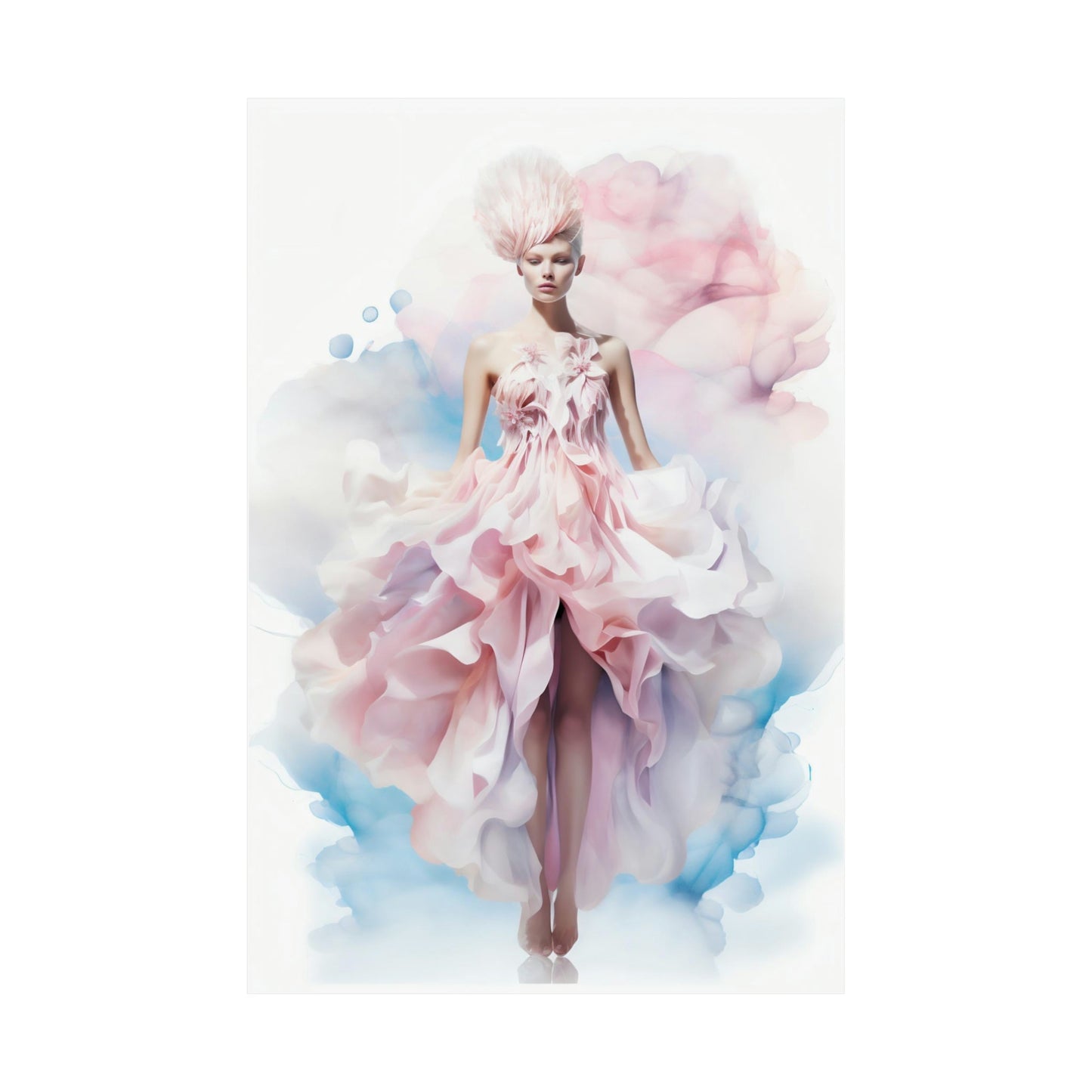 Ethereal figure in a flowing pink and white gown with ruffled layers.