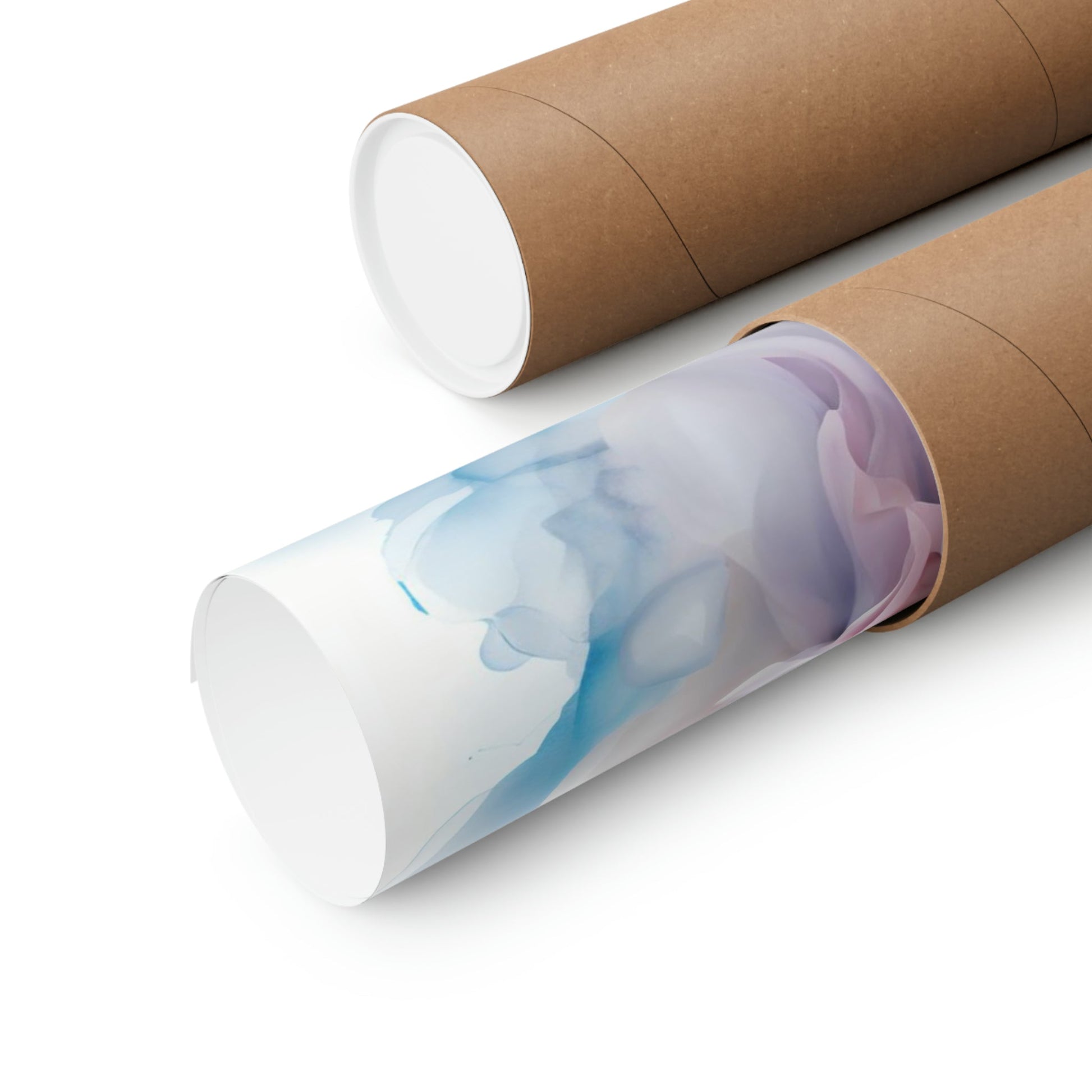 Cardboard mailing tubes, one containing a rolled-up artwork or poster with visible blue and purple colors.