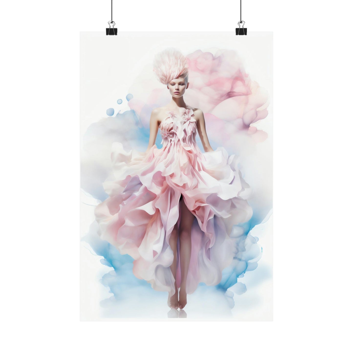 Ethereal fashion illustration of a woman in a flowing pink and white gown.