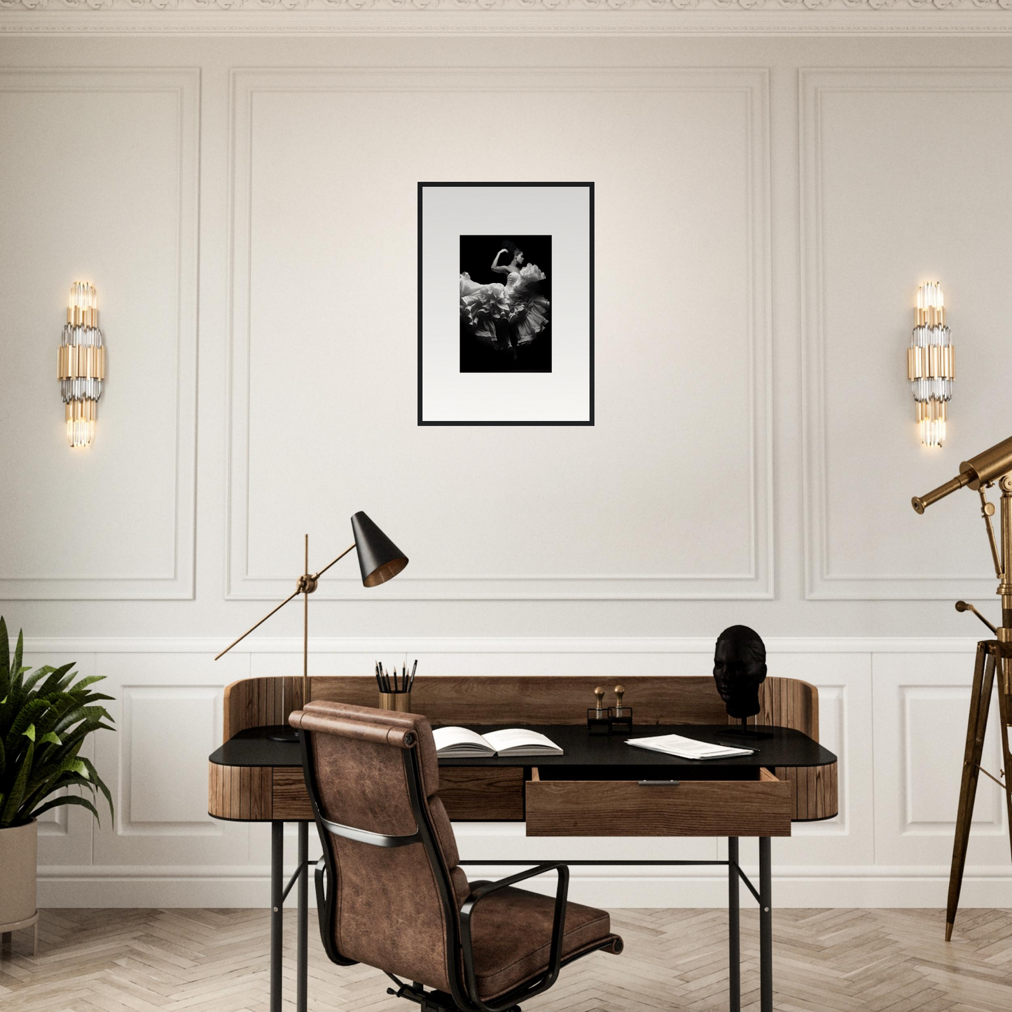 Wooden desk with a leather chair in a mid-century modern style.