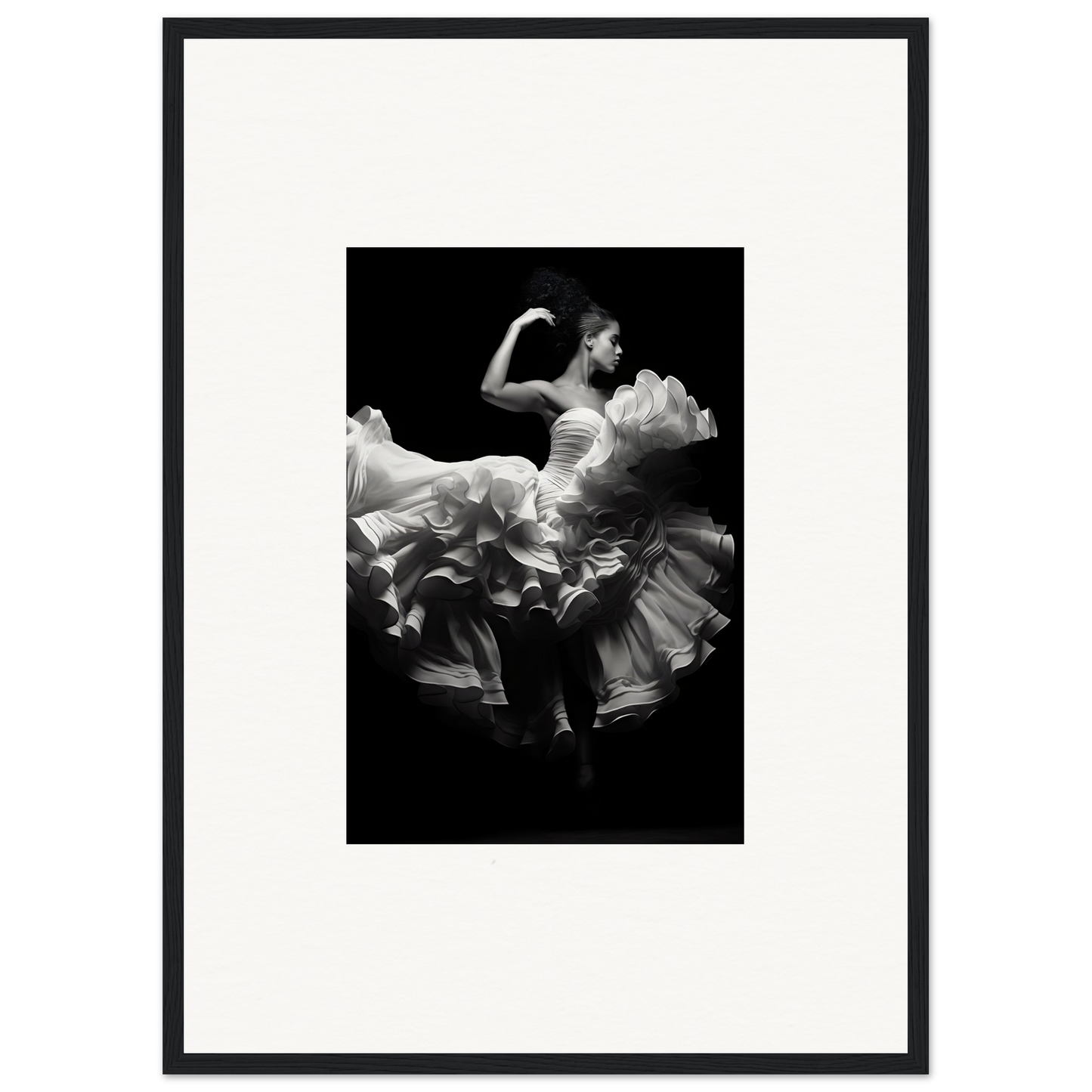 Flamenco dancer in a swirling white dress captured mid-motion against a dark background.