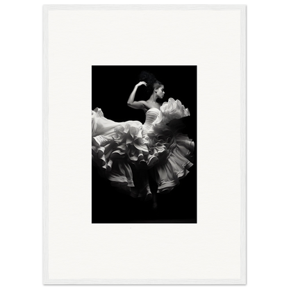 Flamenco dancer in a swirling white dress captured mid-motion against a dark background.