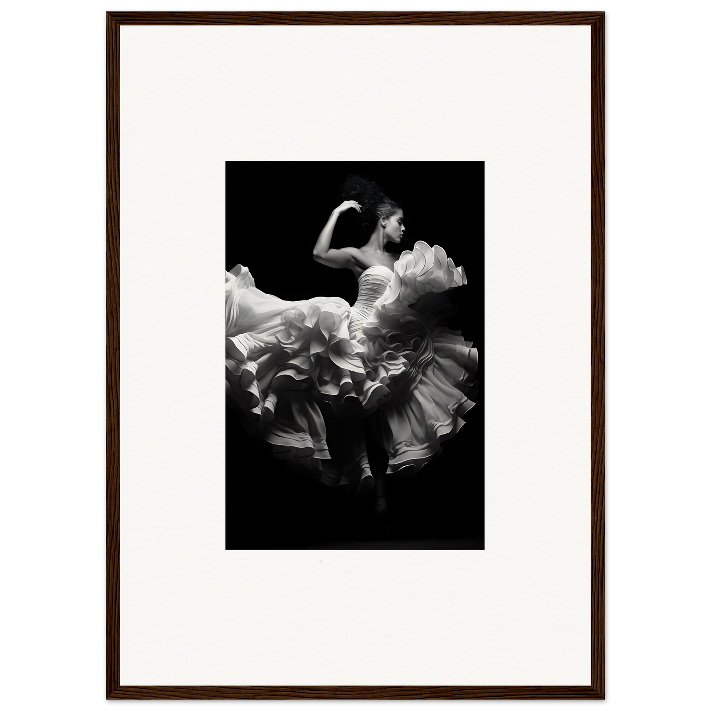 Flamenco dancer in a swirling white dress captured mid-motion against a dark background.