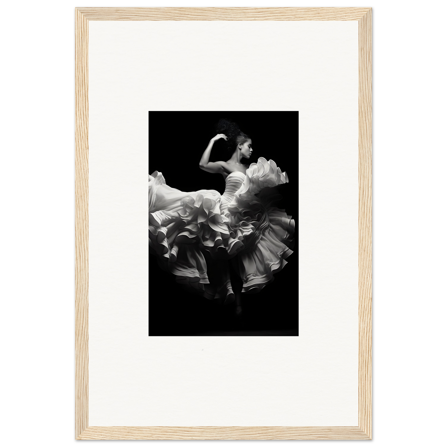 Black and white photograph of a dancer in a flowing dress, captured mid-movement.