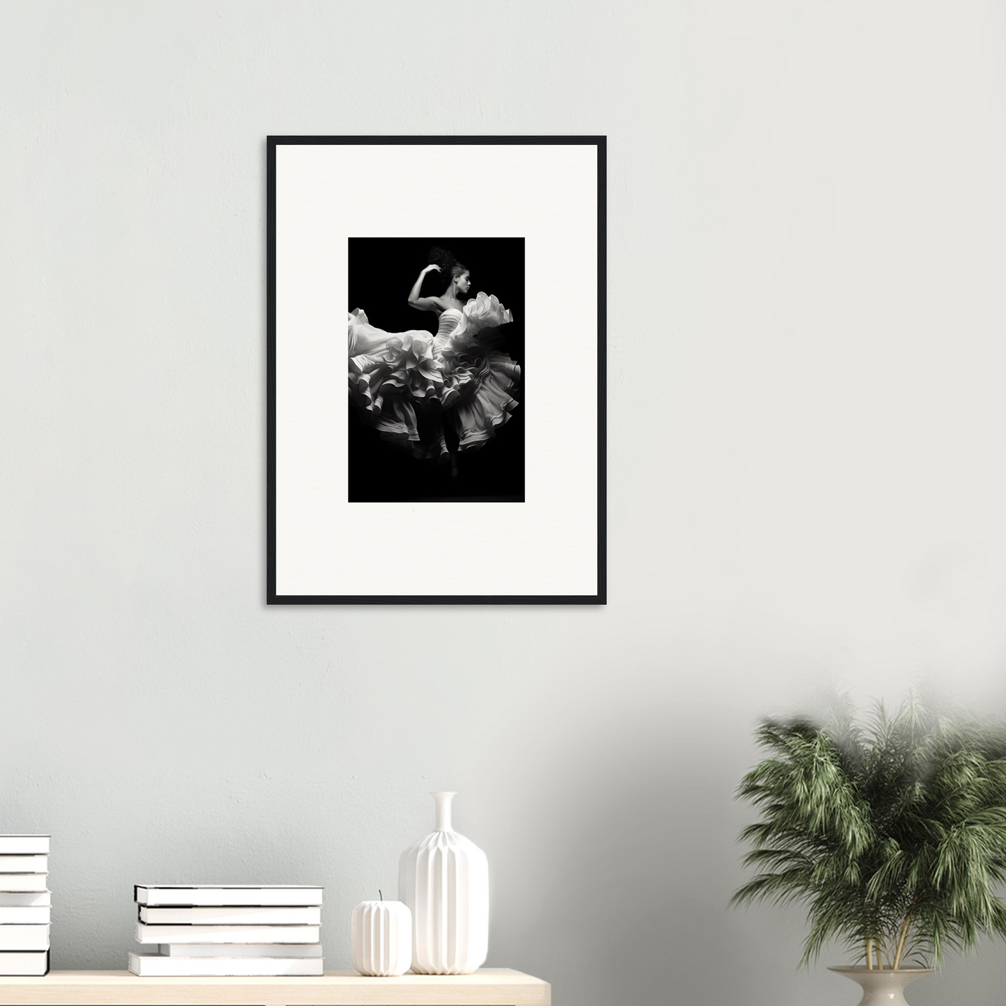 Framed black and white photograph of a ballet dancer in a flowing tutu.