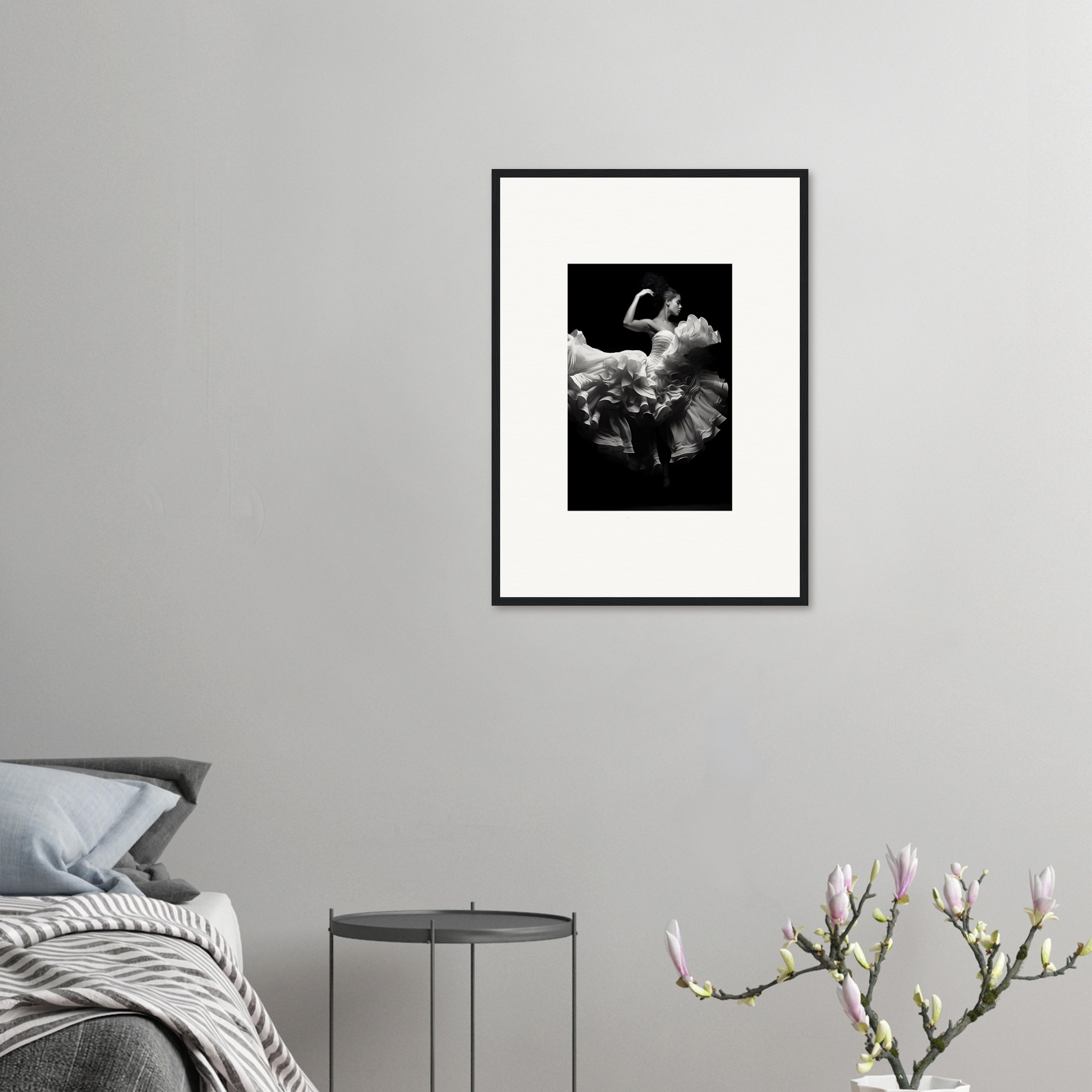 Framed black and white photograph of a ballet dancer in a flowing dress.