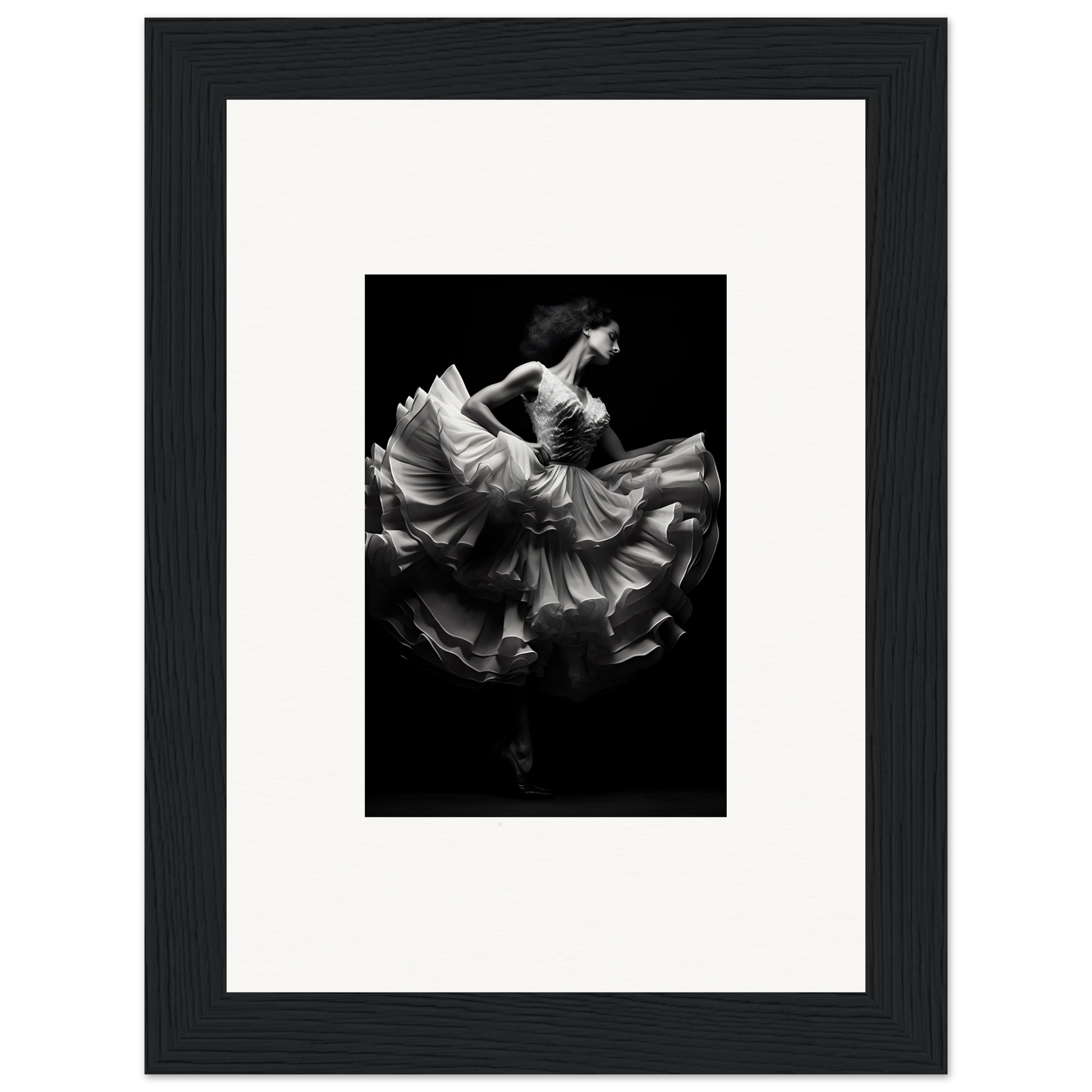 Dancer in a flowing white dress captured mid-twirl against a dark background.