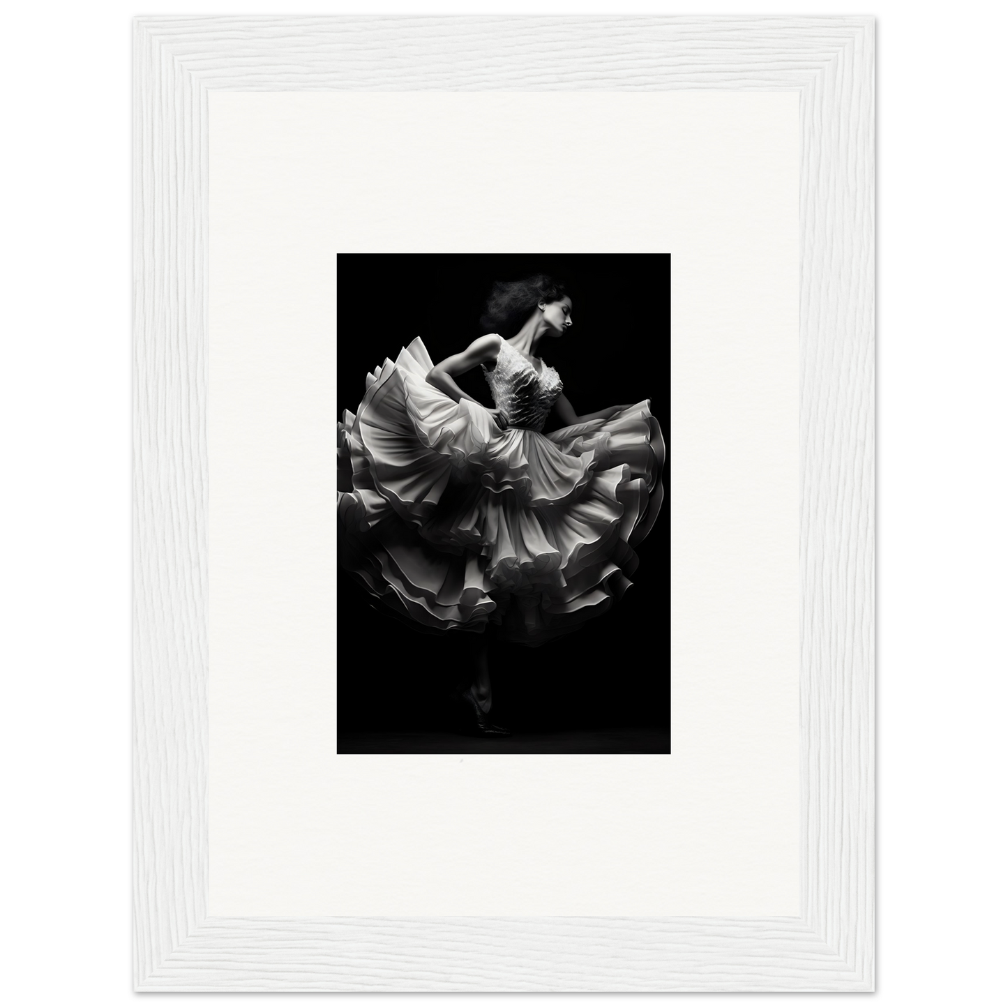 Dancer in a flowing white dress captured mid-twirl against a dark background.